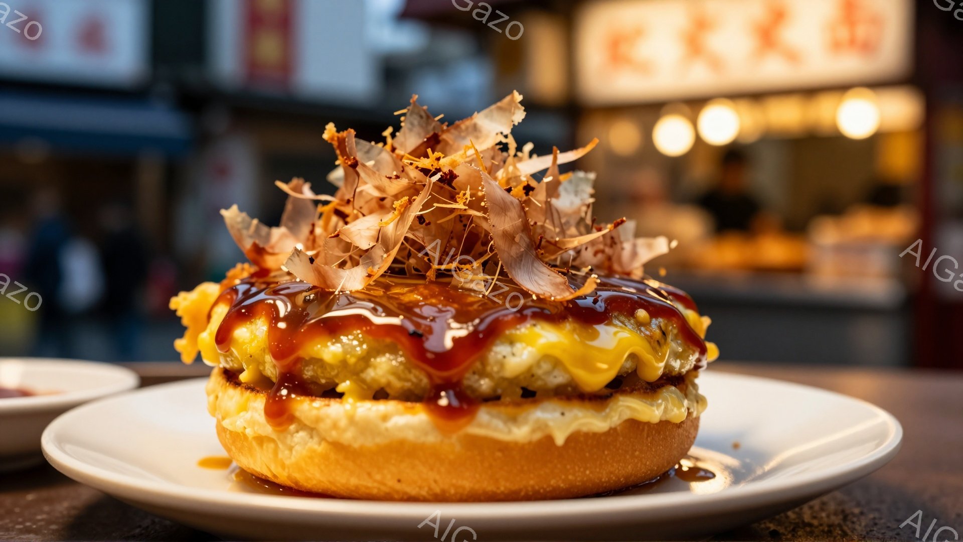 白い皿に盛られた、ソースと鰹節がかかった大きなカツ丼が写っている。カツはふっくらとしており、周りを卵で覆われている。背景には、ぼやけた店舗の光と看板が見え、活気のある屋台の雰囲気が漂っている。