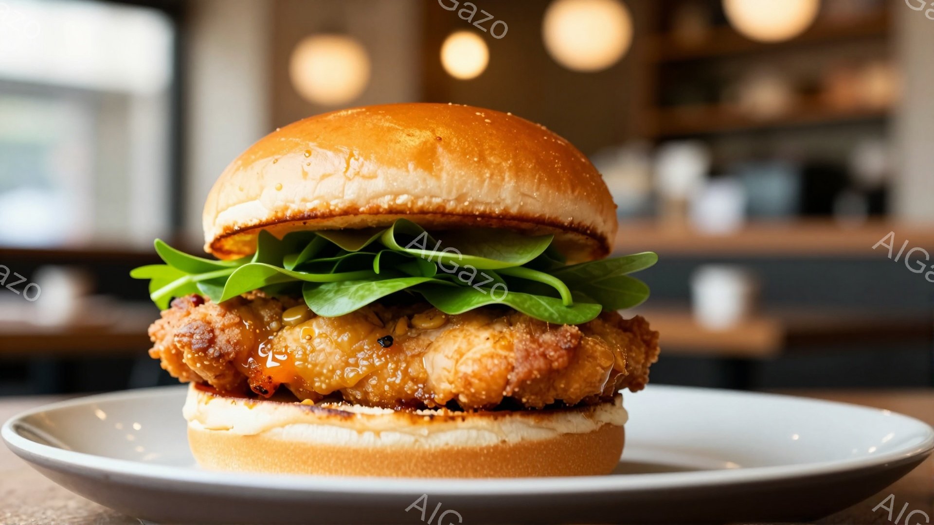 白い皿の上に、美味しそうなチキンバーガーが乗っています。揚げた鶏肉は照り照りとしており、緑色の葉野菜が挟まっていて、全体的に食欲をそそる見た目です。背景は少しぼやけており、カフェやレストランのような雰囲気で、暖色系の照明が暖かさを演出しています。