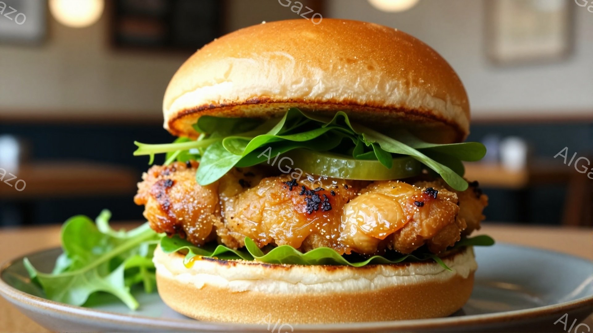 輝く光の中で、美味しそうなチキンバーガーが盛り付けられた皿が写っている。バーガーは焼き色がついており、緑色のレタスとピクルスが挟まっており、パンはふっくらとしている。背景は少しぼやけており、カフェやレストランのような落ち着いた雰囲気を感じさせる。