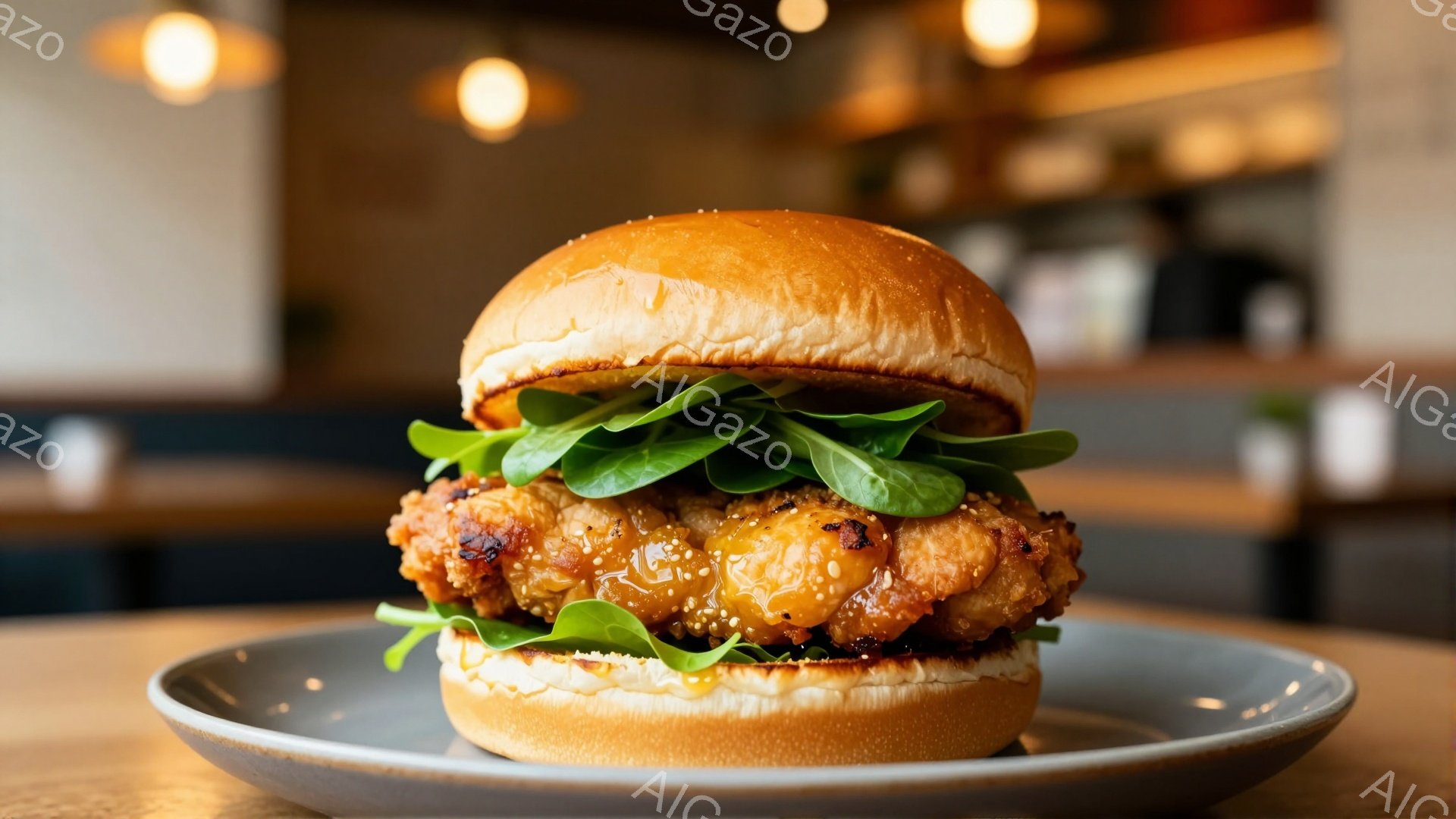 鮮やかなグリーンの葉野菜と、照り輝く甘辛いソースに浸されたチキンが挟まれたハンバーガーが、グレーの皿の上に置かれています。背景はぼやけていますが、暖かい光が差し込む落ち着いた雰囲気のカフェまたはレストランのようであり、ハンバーガーが引き立ちます。全体的に、食欲をそそる、カジュアルでモダンな印象を与える写真です。