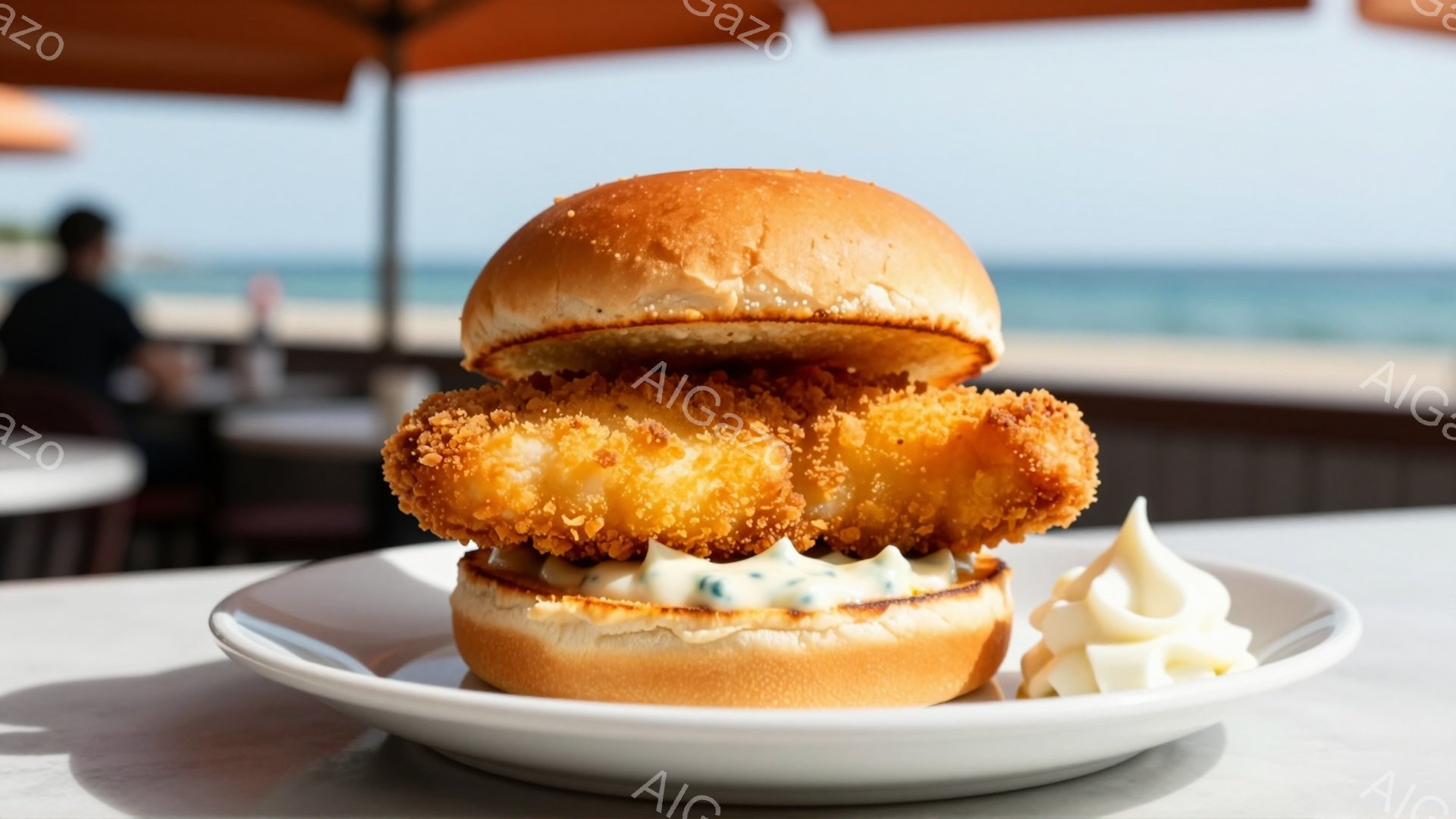 白い皿の上に、サクサクの衣をまとった大きな魚のフライサンドイッチが乗っています。背景には青い海と砂浜、そしてオレンジ色のパラソルが見え、晴れた日のビーチサイドで食事を楽しんでいる様子が伺えます。全体的に明るく、爽やかな夏の雰囲気が漂っています。