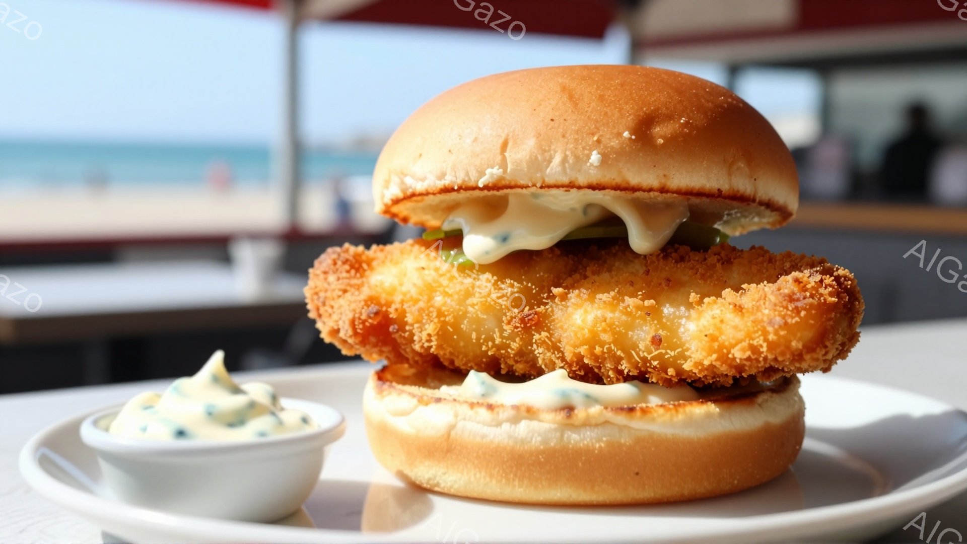 黄金色に揚げられた魚のフライが、ふっくらとしたパンに挟まれたサンドイッチが中央に配置されています。添えられた小さな白い容器には、タルタルソースのような白いソースが入っており、背景には青い海と空、そして赤いパラソルが見えます。全体的に明るく、開放的な雰囲気で、海辺のカフェやレストランで提供される食事のようです。