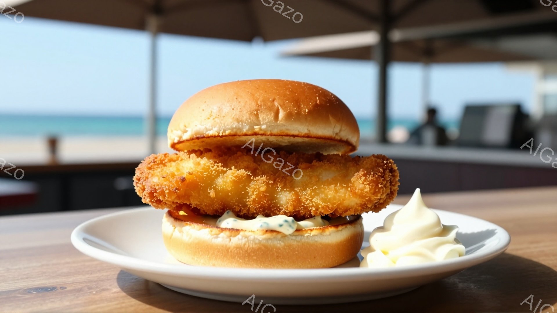 白い皿に、揚げた魚のフライが挟まれたバンズが乗っています。フライは黄金色でカリカリとした食感が想像でき、バンズはふっくらと焼き上がっています。背景には青い海とパラソルが並び、晴れた日のリゾート地での食事を連想させる、明るく開放的な雰囲気です。