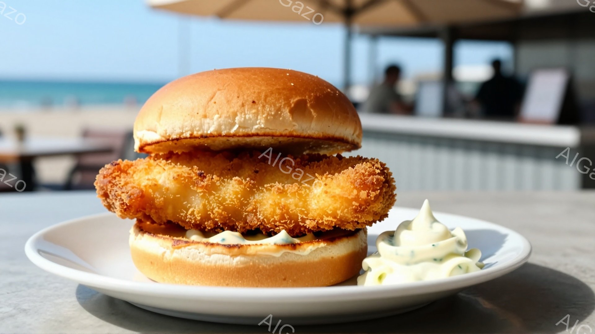 白い皿に挟まれた、大きく黄金色に揚げられた魚のフライバーガーが中央に配置されている。背景には、海と薄い青空、そして木製のフェンスが見え、屋外のカフェまたはレストランで撮影されたことを示している。バーガーの横には、緑色のハーブが入った白いソースが添えられており、爽やかな印象を与える。