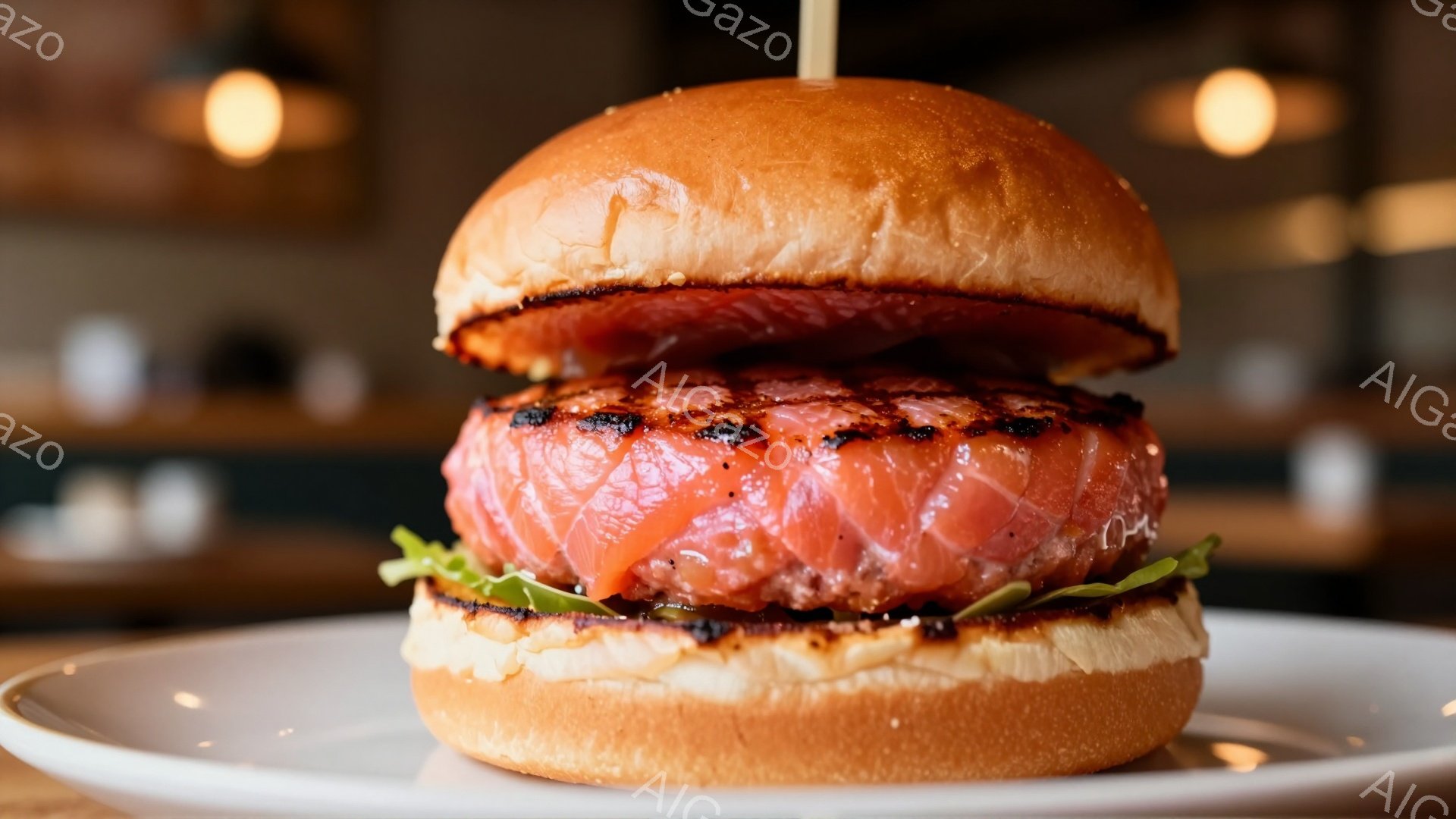 白い皿の上に、調理されたサーモンバーガーが置かれています。バーガーは半分に切れており、中身のピンク色のサーモンと緑色の葉野菜が見えています。背景はぼやけており、レストランのような内装の一部が見え、温かい光が差し込んでいます。