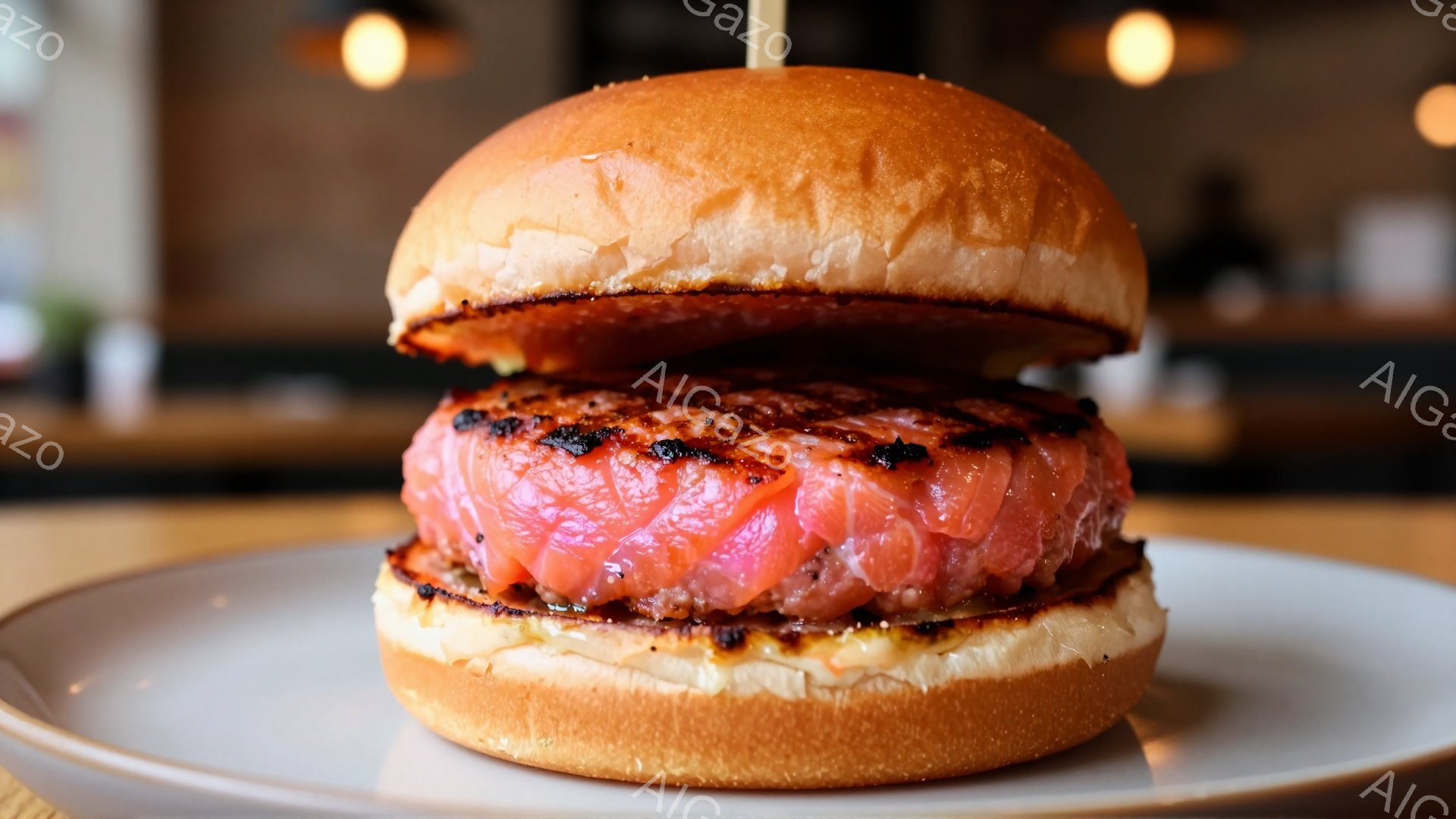 鮮やかなピンク色のハンバーグが、焼き色のついたパンで挟まれて白い皿の上に置かれています。ハンバーグの表面には香ばしい焼き目がつき、パンの縁も軽く焦げ目が付いており、食欲をそそります。背景はぼやけていますが、暖色の照明が照らされた落ち着いた雰囲気の店内であることが伺えます。