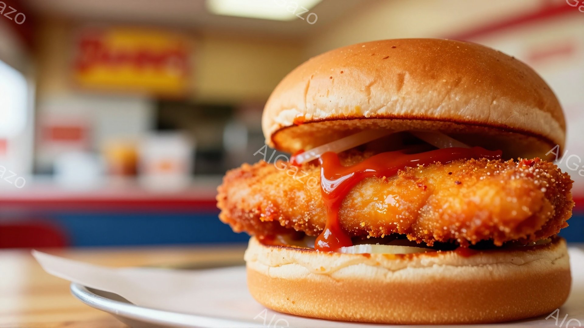 画像は、赤いソースが滴るフライドチキンサンドイッチを捉えたクローズアップ写真です。バンズは軽く焦げ目がつき、カリカリとしたチキンと薄切りの玉ねぎが挟まれています。背景には、カウンターとぼやけた店舗の様子が見え、手頃な価格のファストフード店の雰囲気です。