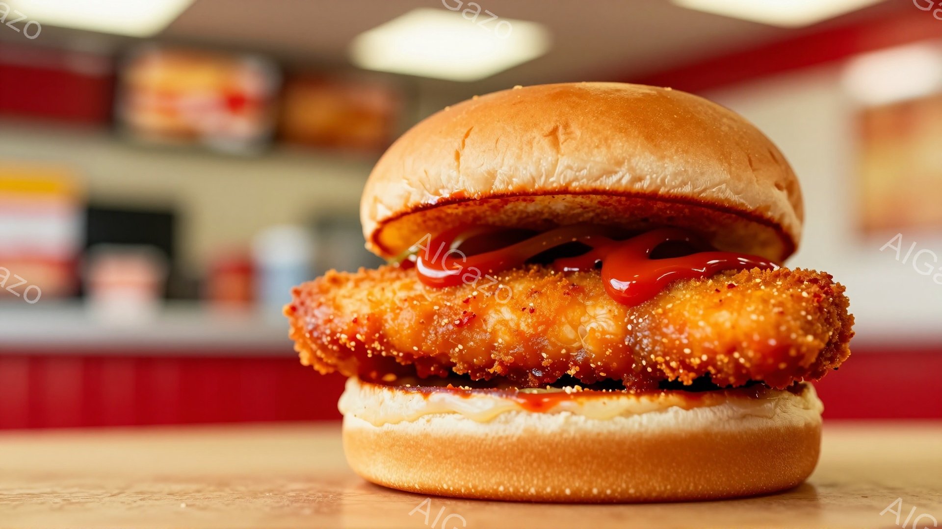 この画像は、バンズに挟まれた大きなチキンパティのサンドイッチをクローズアップで捉えたものです。パティは黄金色に揚げられており、上から赤いソースがたっぷりとかけられています。背景にはぼやけた赤と白のカウンターとメニューが見え、ファストフード店のような雰囲気です。