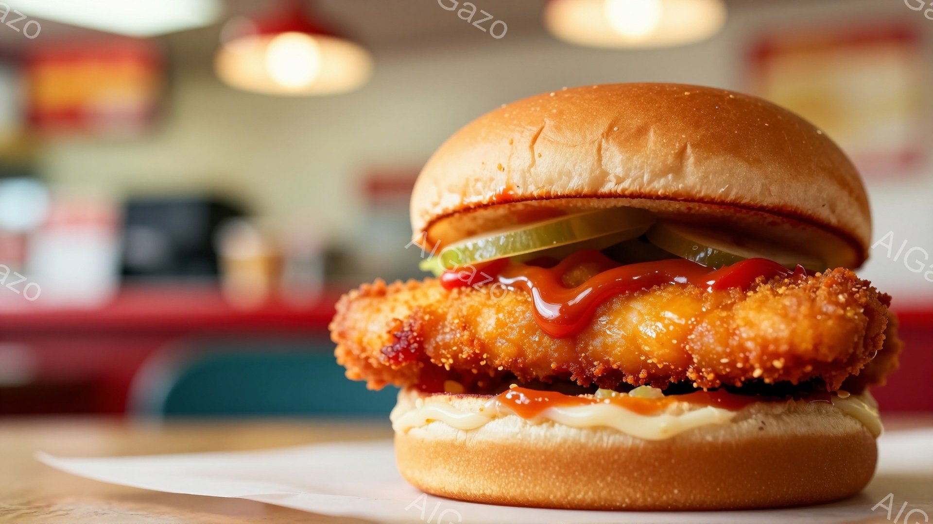 揚げたチキンパティ、ピクルス、そして赤いケチャップソースがたっぷりと挟まれたハンバーガーが、白い紙の上に置かれている。背景はぼやけたレストランの様子で、赤と緑の座席が見え、温かみのある光が差し込んでいる。全体的に食欲をそそる、カジュアルで親しみやすい雰囲気である。