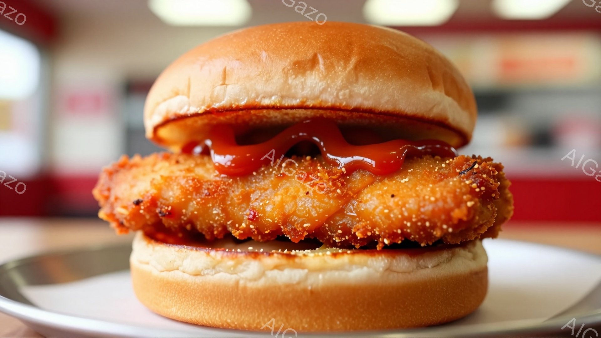 これは、バンズに挟まれた大きなチキンパティのサンドイッチで、上から赤いケチャップがかけられています。パティは黄金色でカリカリしており、バンズはふっくらとしています。背景は赤いテーブルとぼやけたカウンターで、ファストフード店のような雰囲気です。