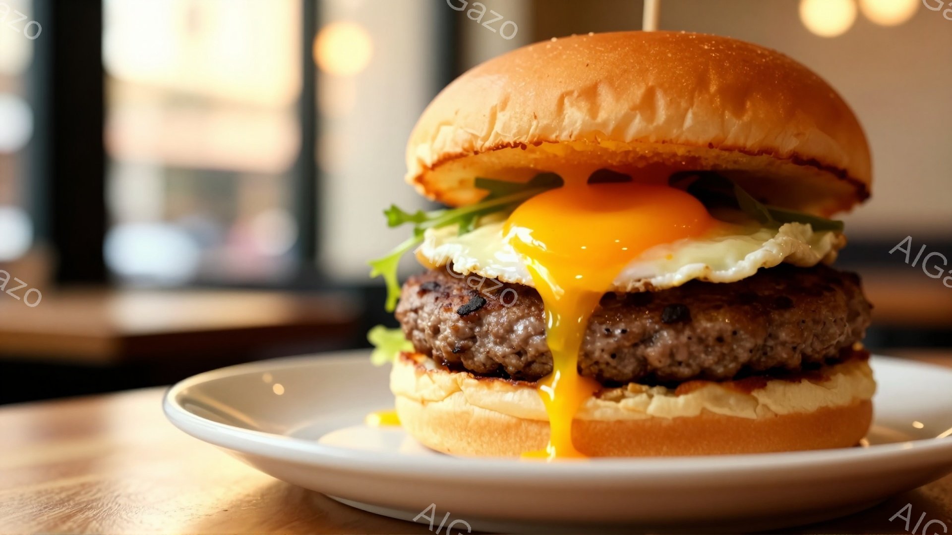 白い皿の上に、肉汁が滴るジューシーなハンバーガーが乗っています。バンズはふっくらと焼き色がついており、レタス、パティ、卵が重ねられています。背景はぼやけていますが、暖色系の照明とテーブルの木目が見え、落ち着いた雰囲気が漂っています。