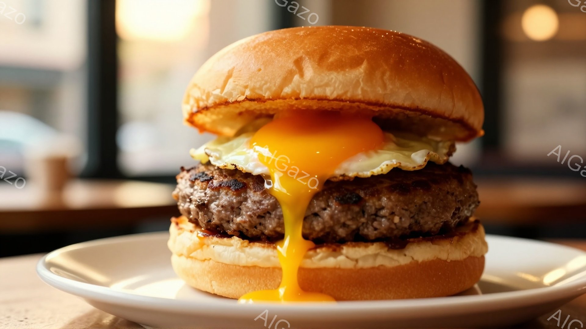 焼き立てのハンバーガーが白い皿に乗せられ、とろりと黄身が流れ出ている様子が捉えられています。パンはふっくらとしており、肉厚のパティとレタス、そしてとろける卵黄が食欲をそそります。背景はぼやけており、カフェのような落ち着いた雰囲気であることが伺えます。