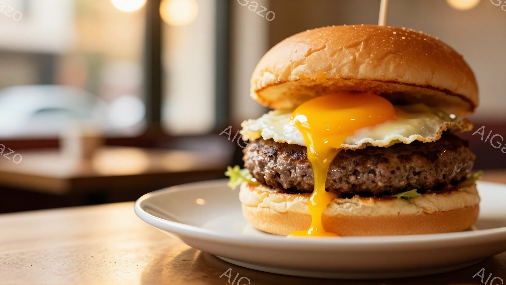 焼きたてのハンバーガーが白い皿に載せられています。ハンバーガーはバンズ、パティ、レタス、そして半熟の卵で構成されており、卵黄が流れ出しています。背景は少しぼやけており、レストランのような室内である事が - AI生成フリー素材