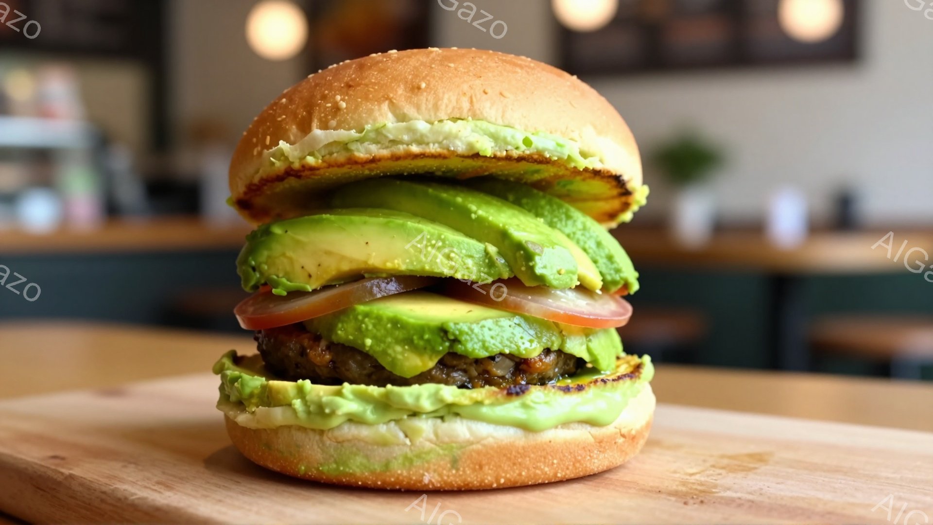 鮮やかな緑色のソースとスライスされたアボカドがたっぷり挟まれたハンバーガーが、木製のプレートの上で美味しそうに佇んでいます。ハンバーガーには、トマトのスライスと焼かれたパティが挟まれており、パンの質感 - AI生成フリー素材