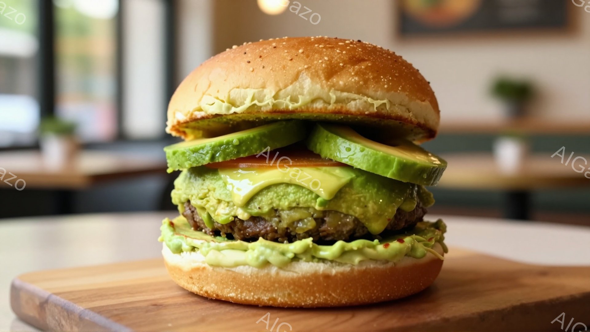 画面には、木製のボードに乗った、美味しそうなハンバーガーが写っています。アボカドとトマトが挟まっており、ハンバーガー全体に緑色のソースが塗られています。背景には、ぼやけた店内の様子が見え、明るくカジュアルな雰囲気が漂っています。