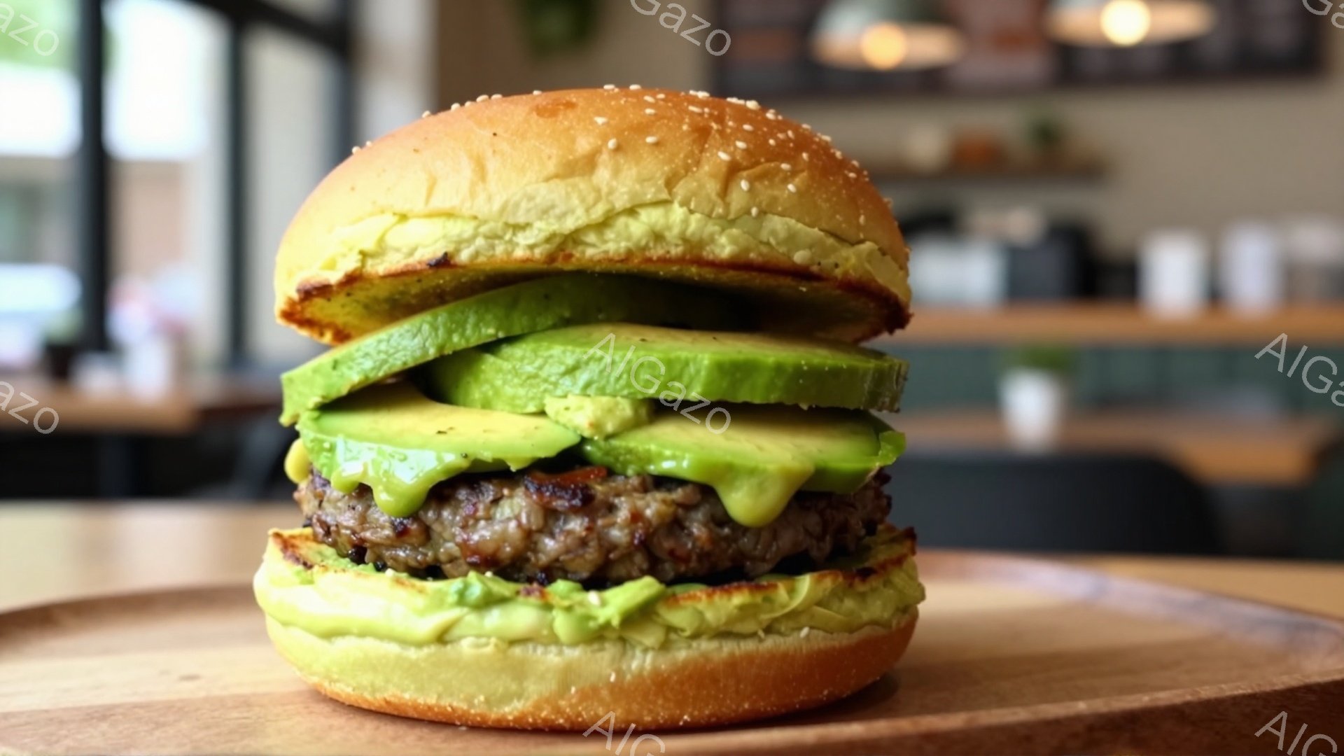 アボカドとハンバーガーのサンドイッチが、木製のボードの上に置かれています。ハンバーガーバンズは軽く焦げ目がついており、アボカドのスライスがたっぷり挟まれています。背景にはぼやけたカフェの様子が見え、明るい室内で、おいしそうな食事の雰囲気が漂っています。