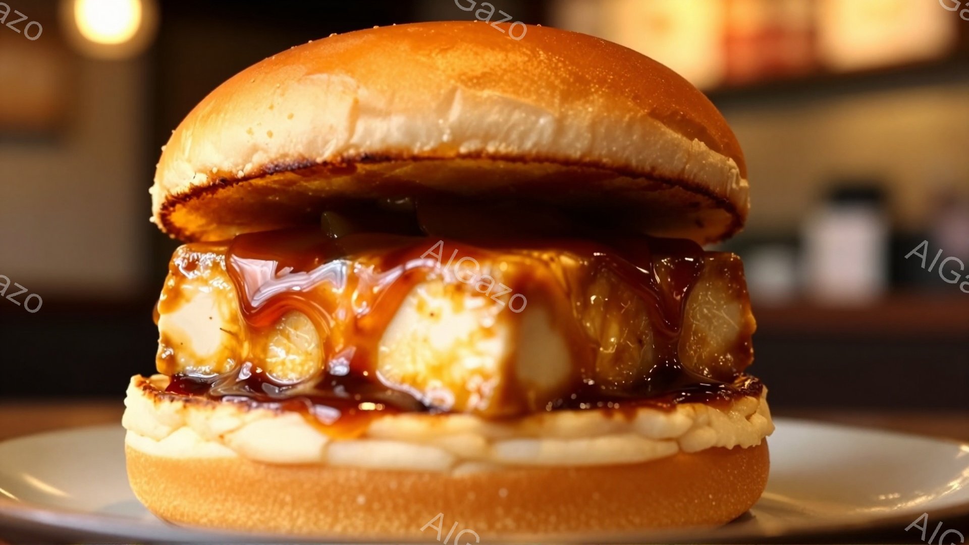 これは、バンズに挟まれた大きなフライドポテトのサンドイッチです。フライドポテトは照り焼きソースで覆われ、マヨネーズも塗られています。背景はぼやけていますが、レストランのような室内で、暖色系の照明が照らされています。