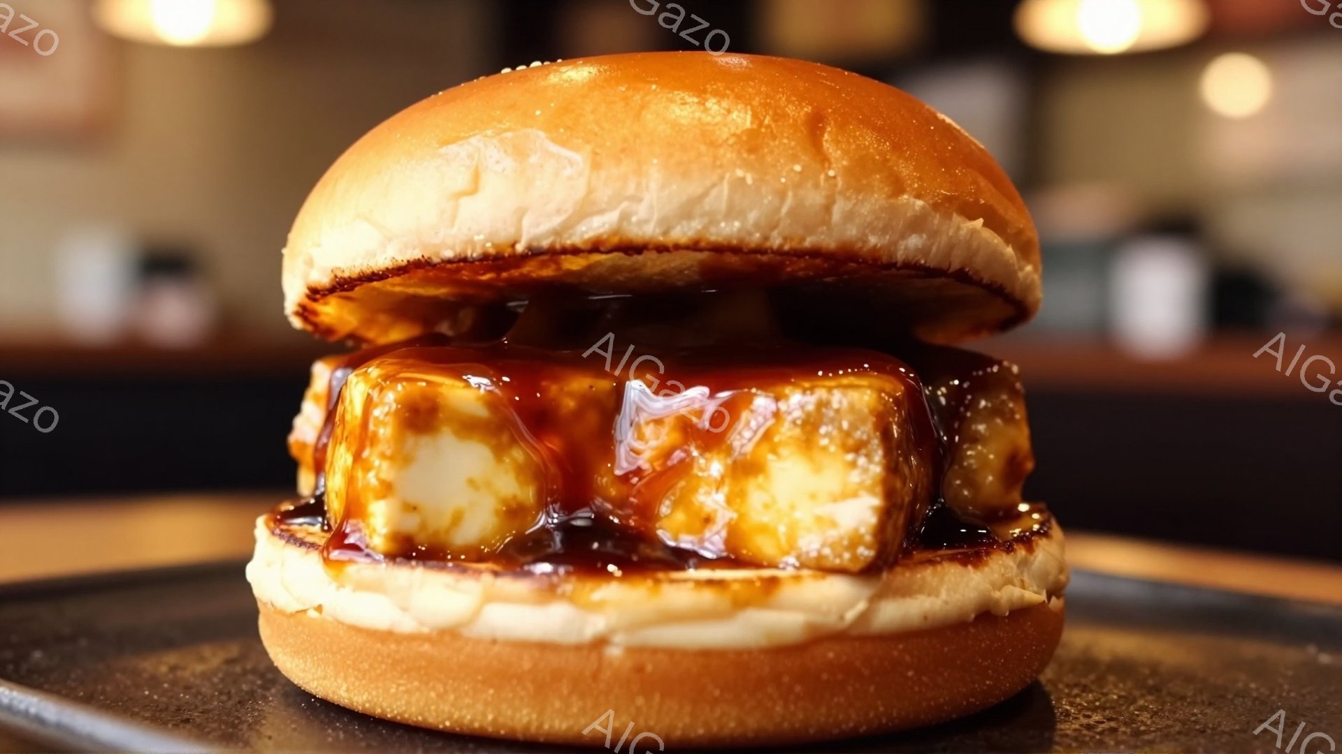 画像は、照り焼きソースがかかった角い豆腐が挟まれたハンバーガーです。ふっくらとしたバンズは黄金色で、豆腐とソースが美味しく見えるように照らされています。背景はぼやけており、焦点はハンバーガーそのものに当てられています。