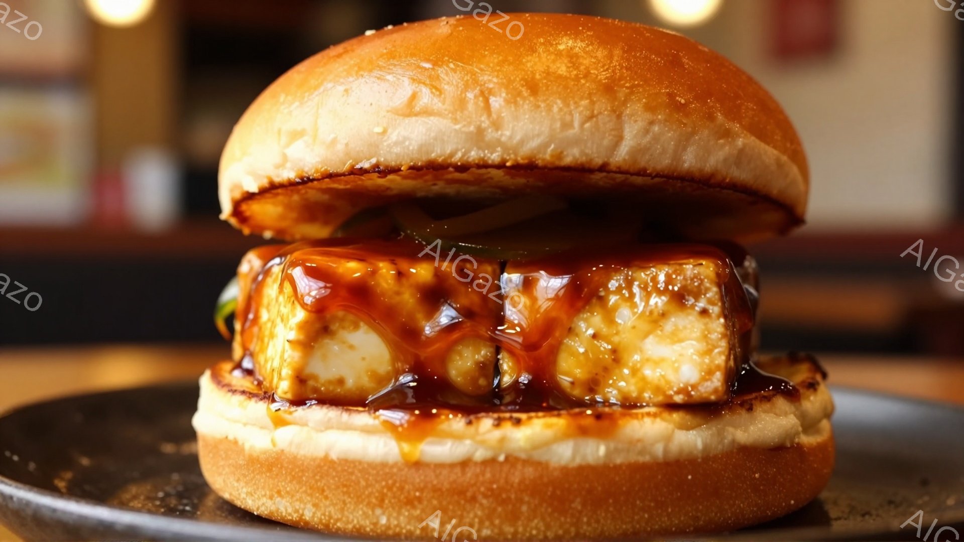 焼き色が鮮やかなハンバーガーが、灰色のプレートの上に置かれています。バンズはふっくらとしており、中央には照り焼きソースでコーティングされた四角い塊の食材が挟まれています。背景はぼやけており、暖色系の照明が使用されていることから、レストランやカフェのような雰囲気です。