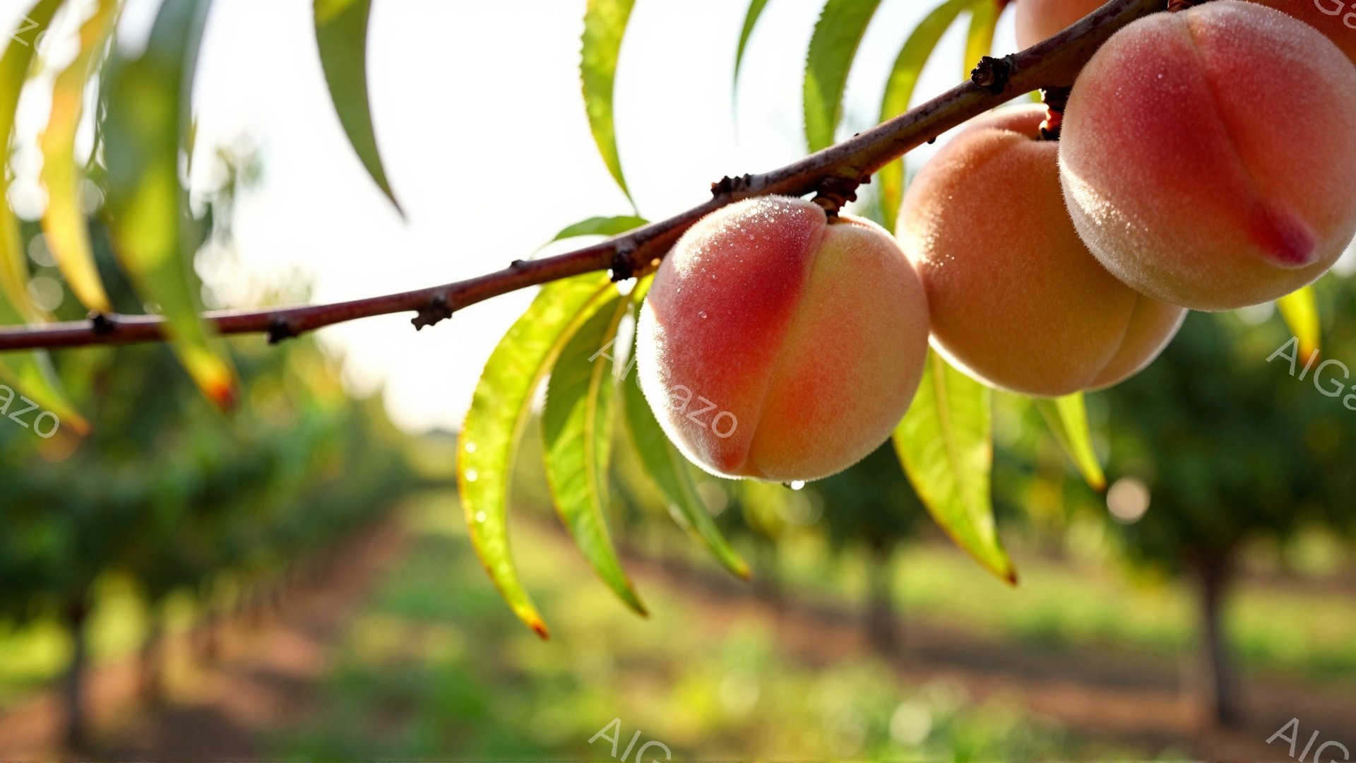 桃の木の枝に、熟れた桃が三つ実っている様子が捉えられています。桃は鮮やかなオレンジ色をしており、表面には水滴が輝いています。背景には、緑豊かな桃園が広がり、柔らかな光が差し込んでおり、穏やかで優しい雰囲気を醸し出しています。
