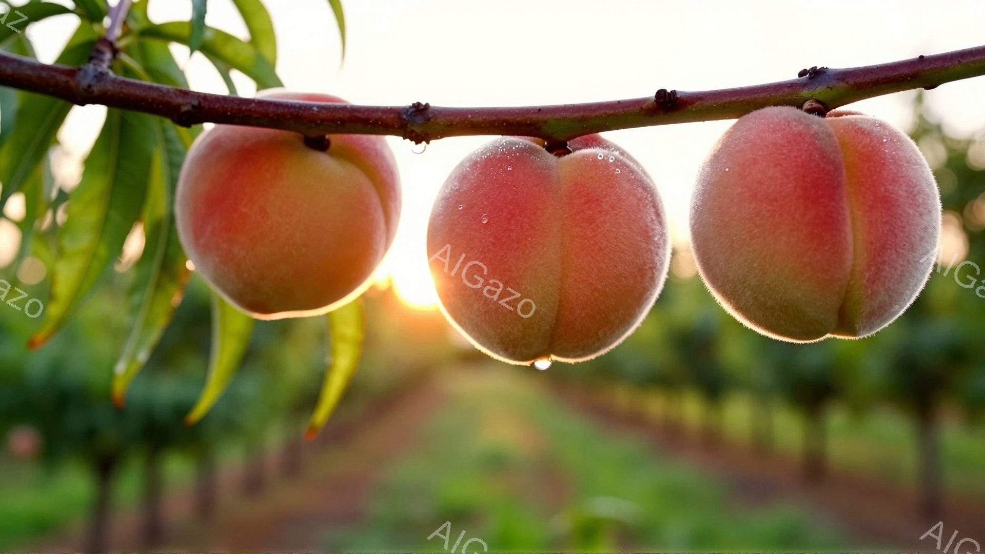桃が枝につるされた状態で、鮮やかなオレンジ色と赤みがかった色が目に飛び込んできます。背景には桃園が広がり、夕焼けのような温かい光が差し込み、穏やかで平和な雰囲気を醸し出しています。 葉っぱや桃の表面には水滴がついており、朝露のような新鮮さを感じさせます。
