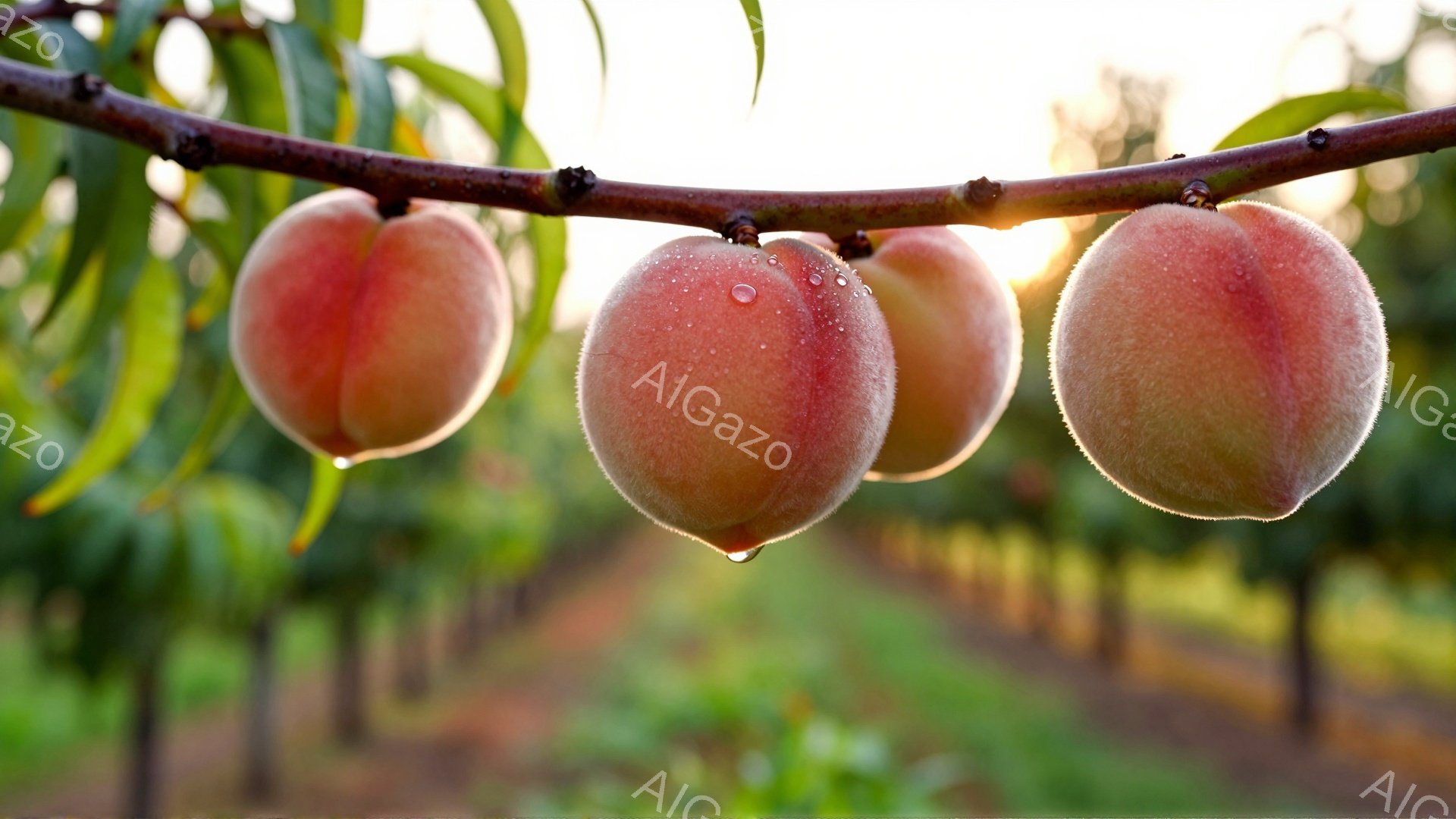 桃が枝に実り、水滴が表面に光っています。背景には桃畑が広がり、夕日のような暖かい光が差し込んでいます。全体的に穏やかで、みずみずしい桃の収穫を思わせる、のどかな雰囲気です。