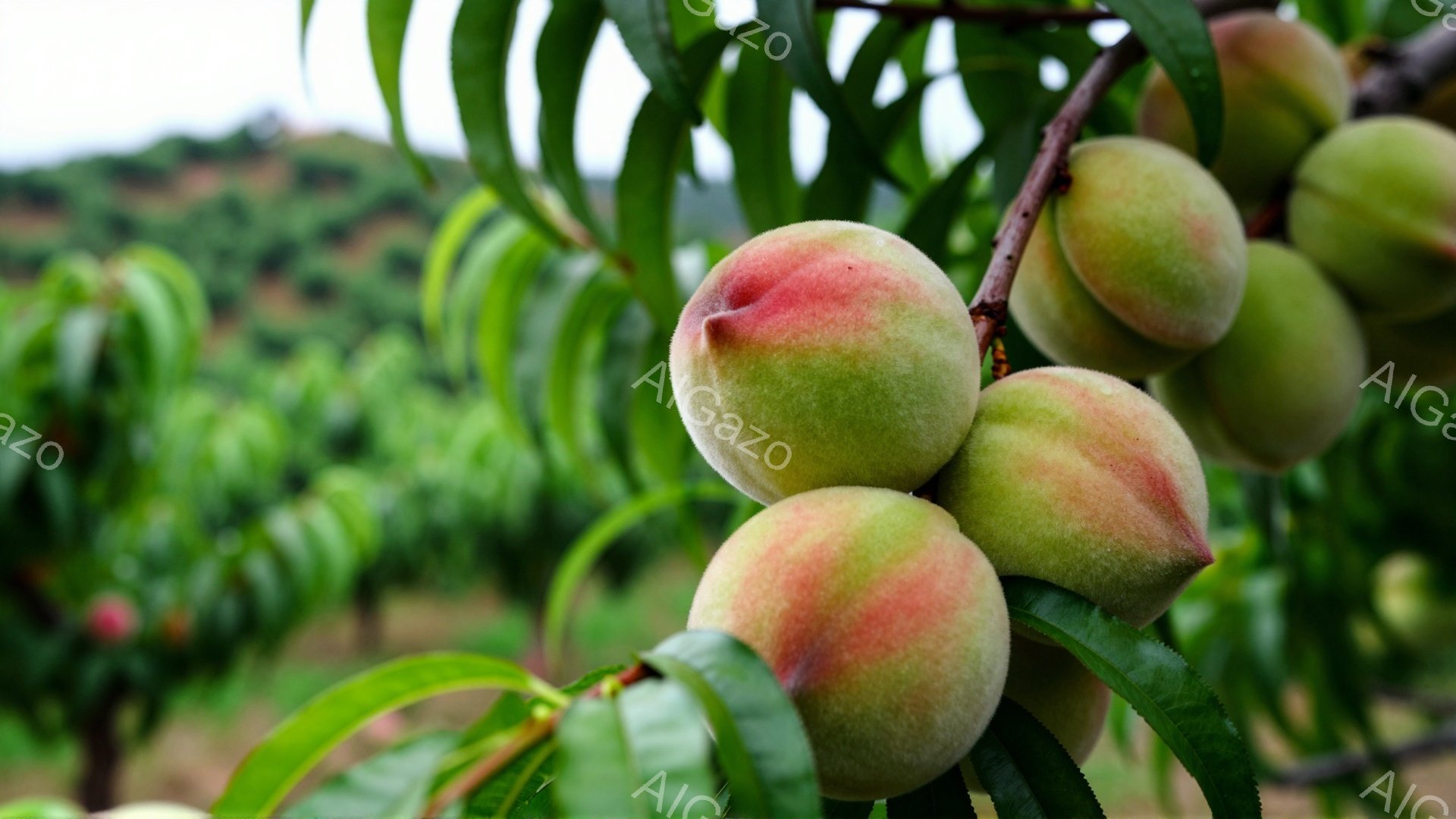 鮮やかな緑の葉に囲まれた桃が、焦点となって写っている。桃は赤と黄色のグラデーションで、熟した甘さを予感させ、背景には桃の木が並ぶ果樹園がぼやけて見える。全体的に、豊かで穏やかな夏の日の雰囲気が漂ってい - AI生成フリー素材