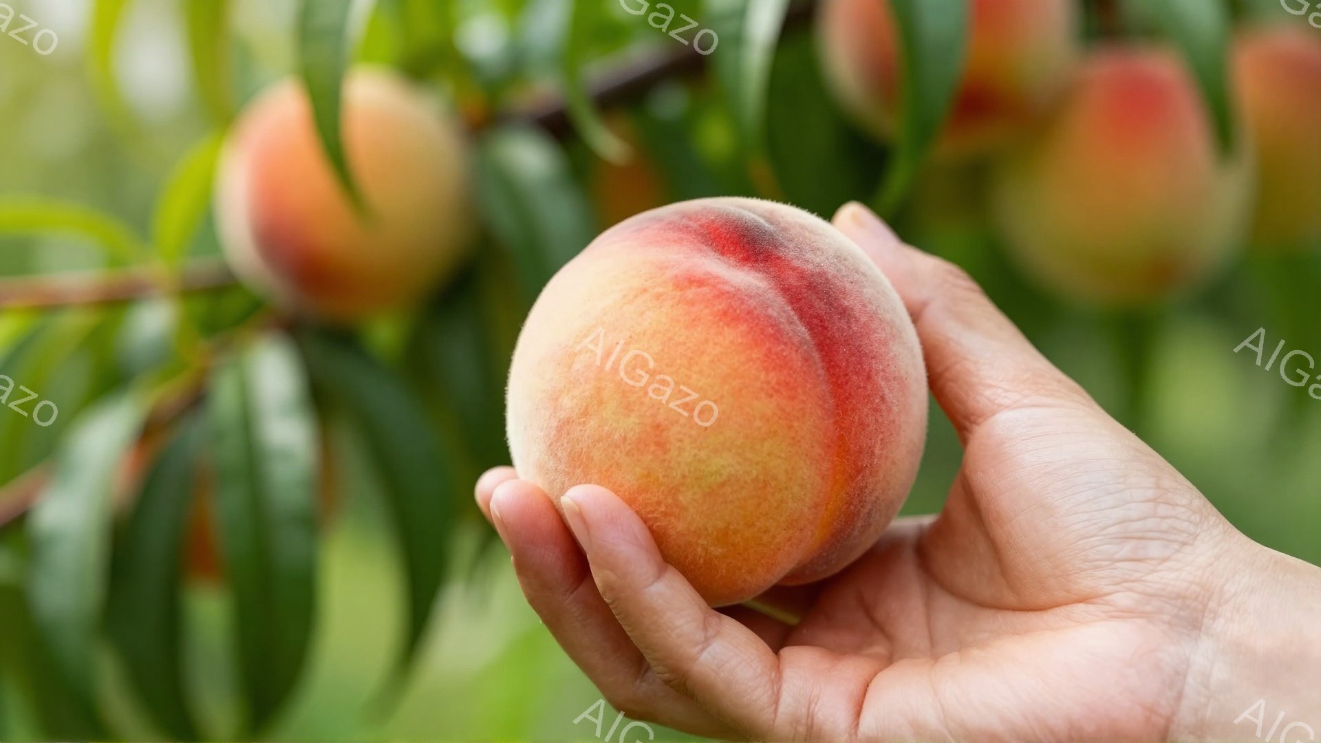 手のひらに、鮮やかなオレンジと赤色のグラデーションが美しい桃が載っています。背景には緑の葉が生い茂り、桃の木であることがわかります。全体的に暖かく、豊かな自然を感じさせる雰囲気です。 - AI生成フリー素材