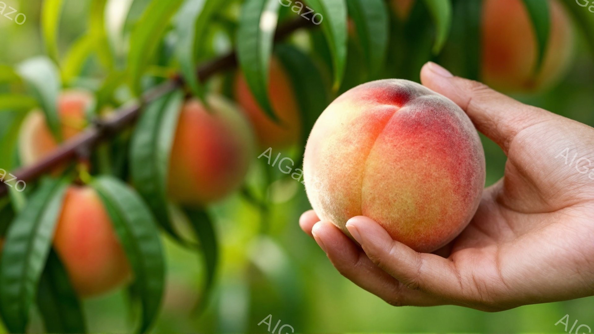 鮮やかな緑の葉に囲まれた桃の木から、熟した桃が収穫されています。手には、赤とオレンジが混ざり合った美しい桃が乗っており、その表面には太陽の光が当たって輝く様子が見られます。背景はぼやけていますが、緑豊 - AI生成フリー素材