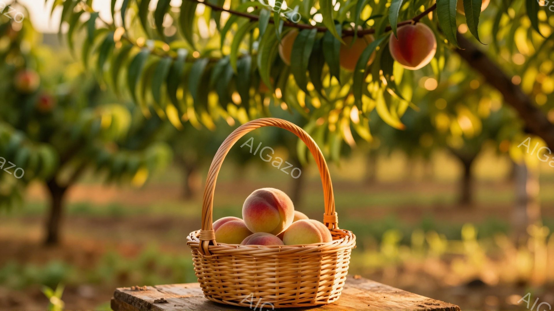 籠いっぱいの桃が、木製の台の上に置かれています。背景には桃の木が並び、夕日のような暖かい光が全体を包み込んでいます。桃の瑞々しさと、穏やかな自然の雰囲気が伝わってきます。