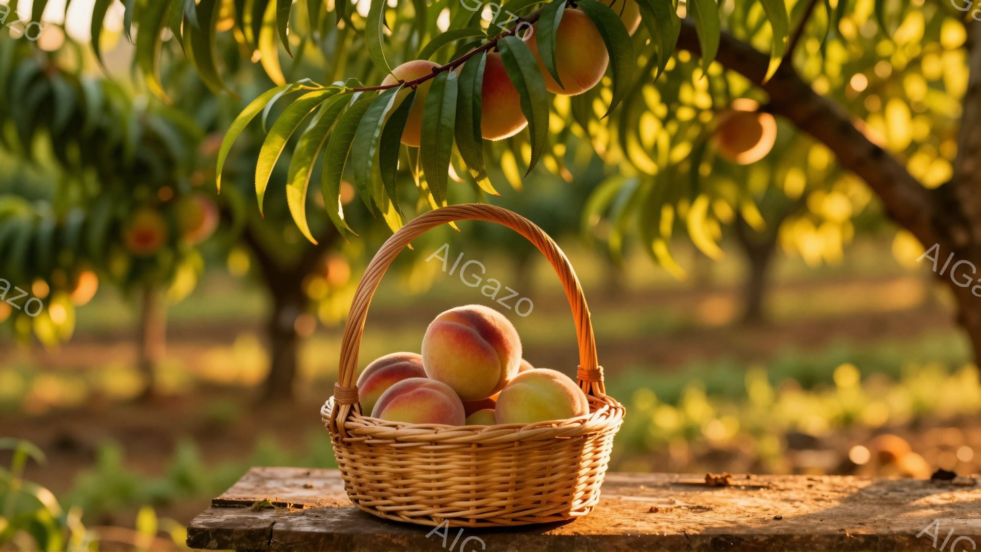 籠の中に、色鮮やかな桃がぎっしりと詰まっている。背景には桃の木が広がり、緑豊かな自然が広がっている。全体的に暖かく、穏やかな雰囲気で、収穫の喜びが感じられる。 - AI生成フリー素材