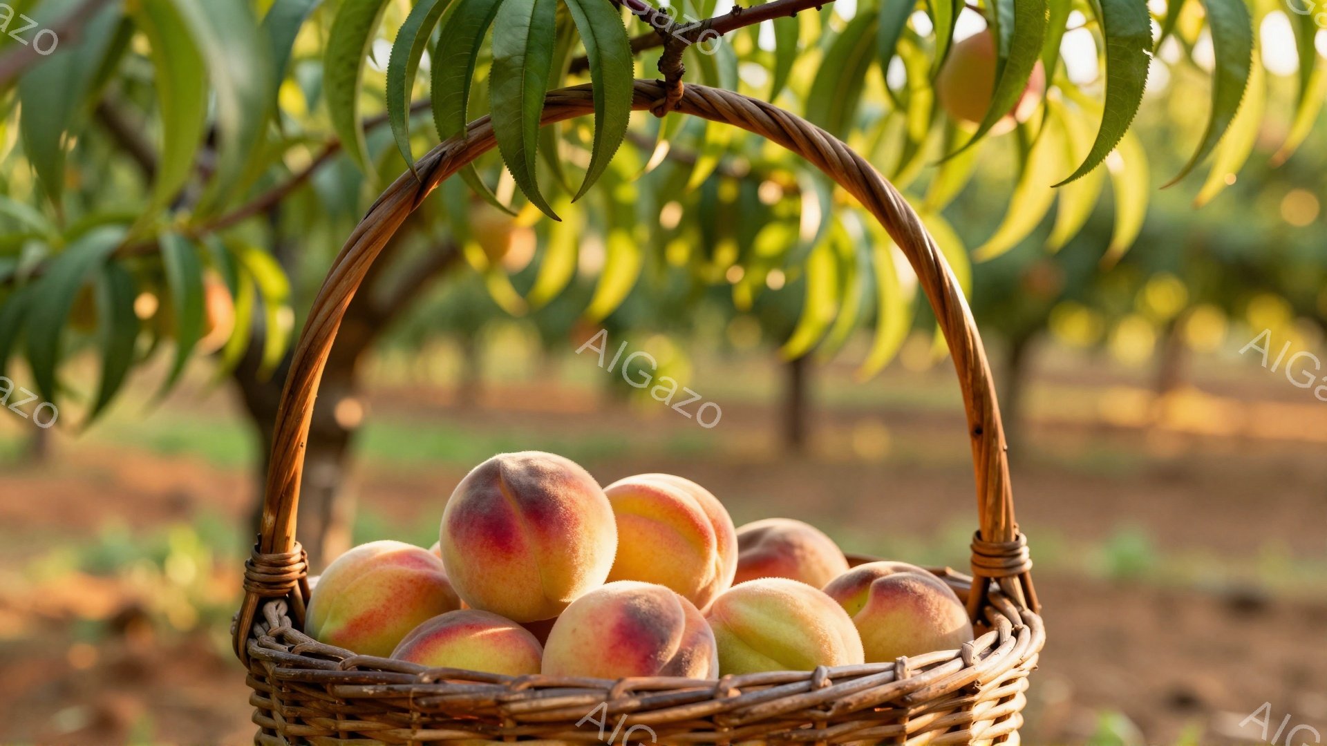 籠には熟れた桃がぎっしりと詰まっており、温かみのある光が桃の鮮やかな色合いを際立たせている。背景には桃の木が並び、葉が太陽の光を浴びて輝いている。全体的に、豊穣で穏やかな夏の日の雰囲気が漂っている。 - AI生成フリー素材