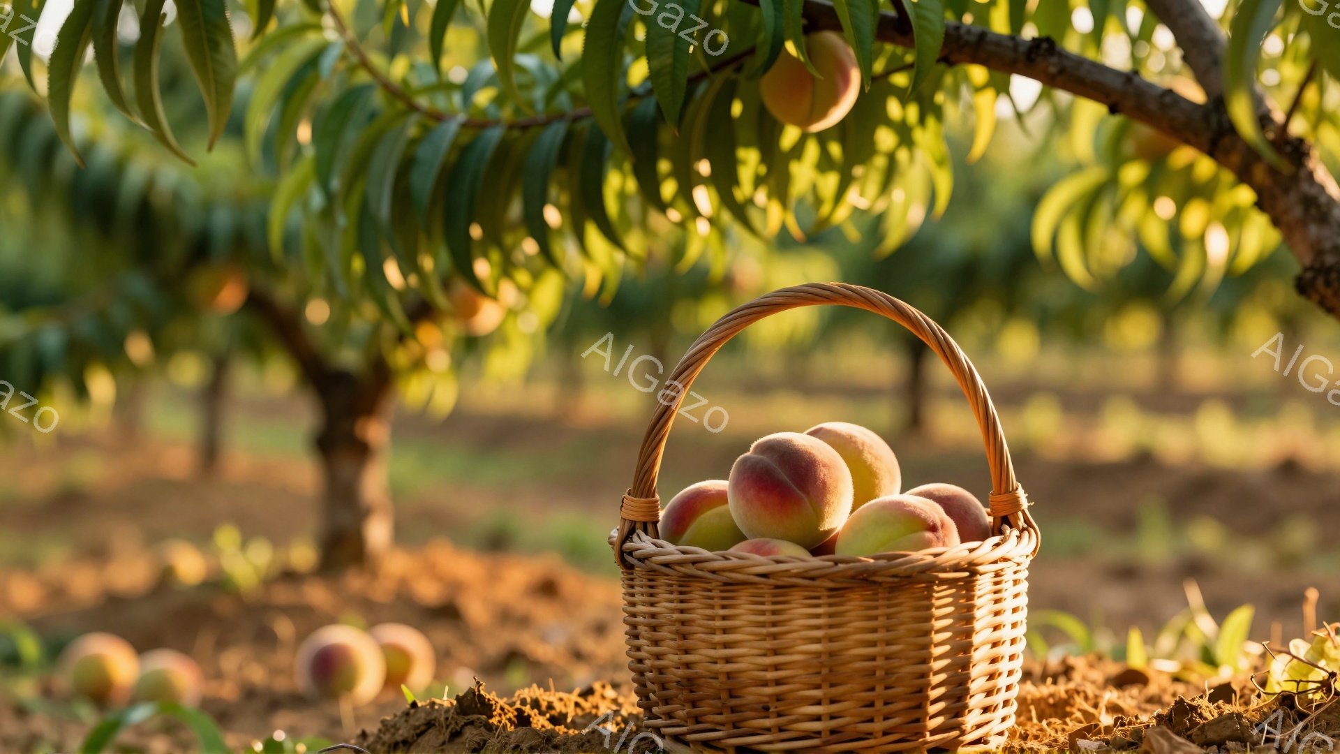 桃の収穫物でいっぱいの籐の籠が、桃園の地面に置かれています。背景には、整然と並んだ桃の木々が広がり、柔らかい夕日の光が差し込んでいます。全体的に、豊穣さと穏やかな雰囲気が漂う、夏の桃園の風景です。