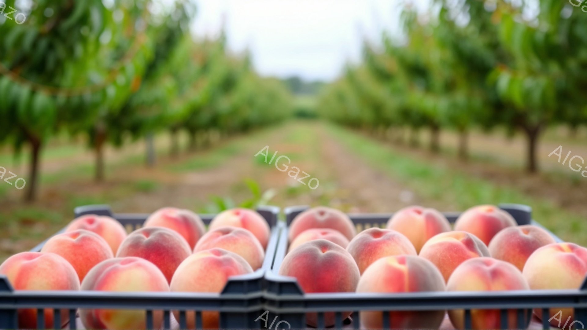 黒いプラスチックのケースに、赤と黄色が混ざった桃がぎっしりと並べられています。背景には、整然と並んだ桃の木が連なり、緑の葉が生い茂り、遠くまで続く桃園が広がっています。全体的に、豊穣な自然と収穫の喜びを感じさせる、穏やかで暖かい雰囲気です。