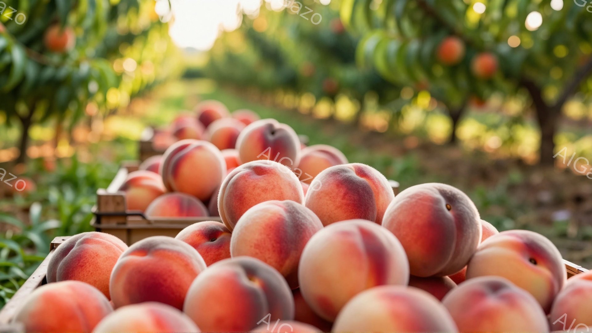 鮮やかなオレンジとピンク色の桃が木箱や地面に山積みにされています。背景には桃の木が整然と並び、柔らかな光が差し込み、桃園の一角が広がっています。全体的に暖かく、豊穣な雰囲気で、収穫の喜びが感じられます。