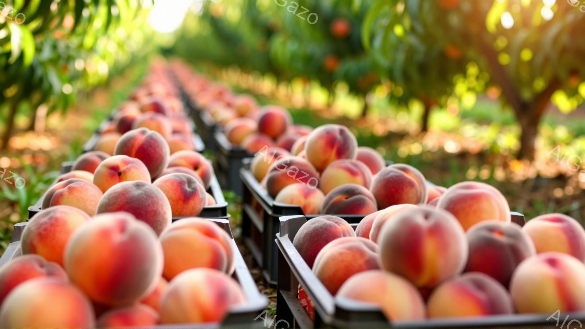 鮮やかなオレンジと赤の桃が、黒いトレーに整然と並べられています。桃の列は遠くまで続き、背景には緑豊かな桃の木々が広がっています。強い日差しが差し込み、桃の瑞々しさを強調し、全体的に豊かで実りある雰囲気が漂っています。