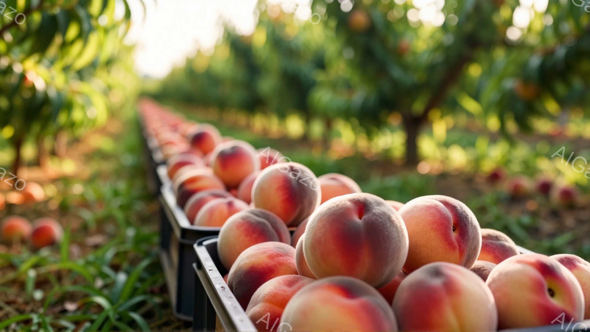 鮮やかな桃が黒いトレイにぎっしりと並べられています。背景には緑豊かな桃の木々が整然と並び、畑が奥行きへと広がっています。全体的に明るく暖かく、桃の収穫が近い、穏やかな雰囲気が漂っています。