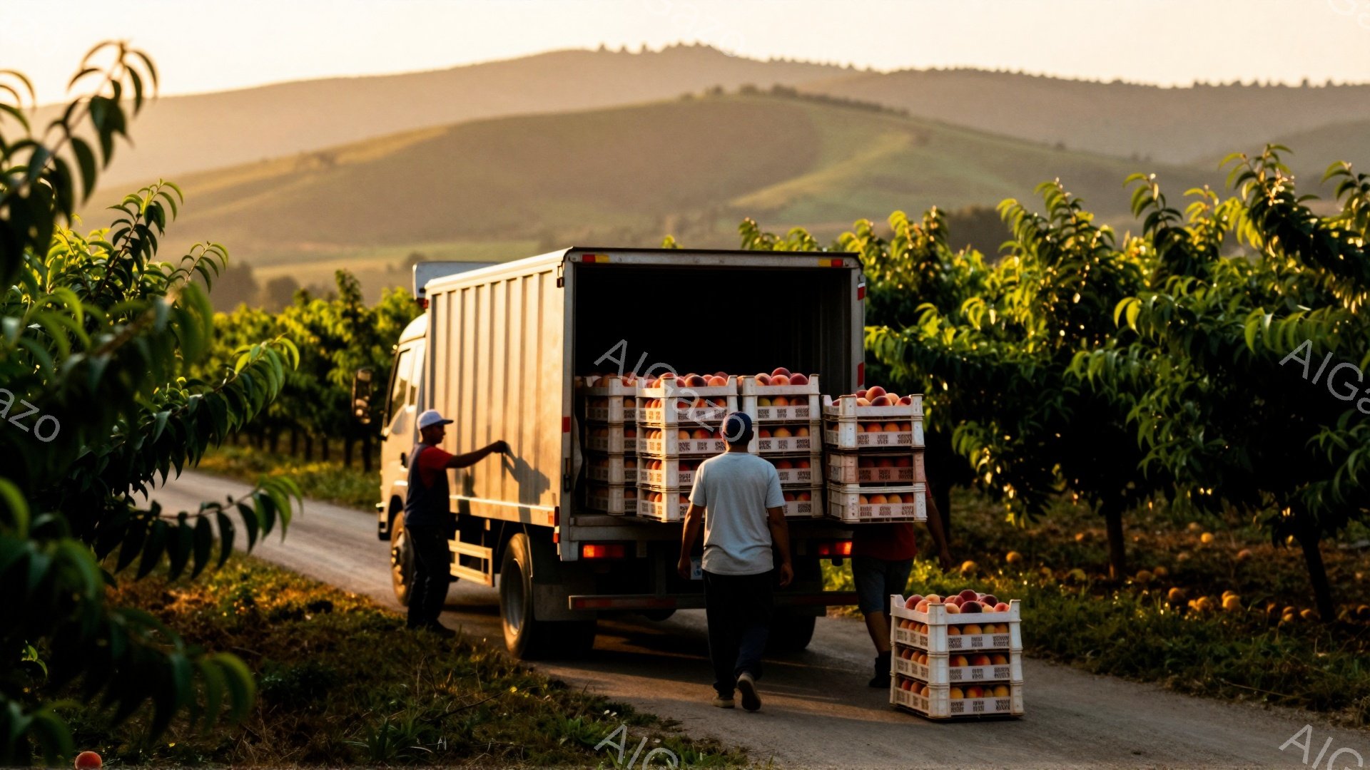トラックの荷台にオレンジ色の段ボール箱が積み重ねられ、作業員がそれを運び出している様子が写っている。作業員はカジュアルな服装で、片方は帽子を被り、もう片方はTシャツを着ている。背景には果樹園が広がり、夕暮れ時の穏やかな光が全体を包み込んでいる。