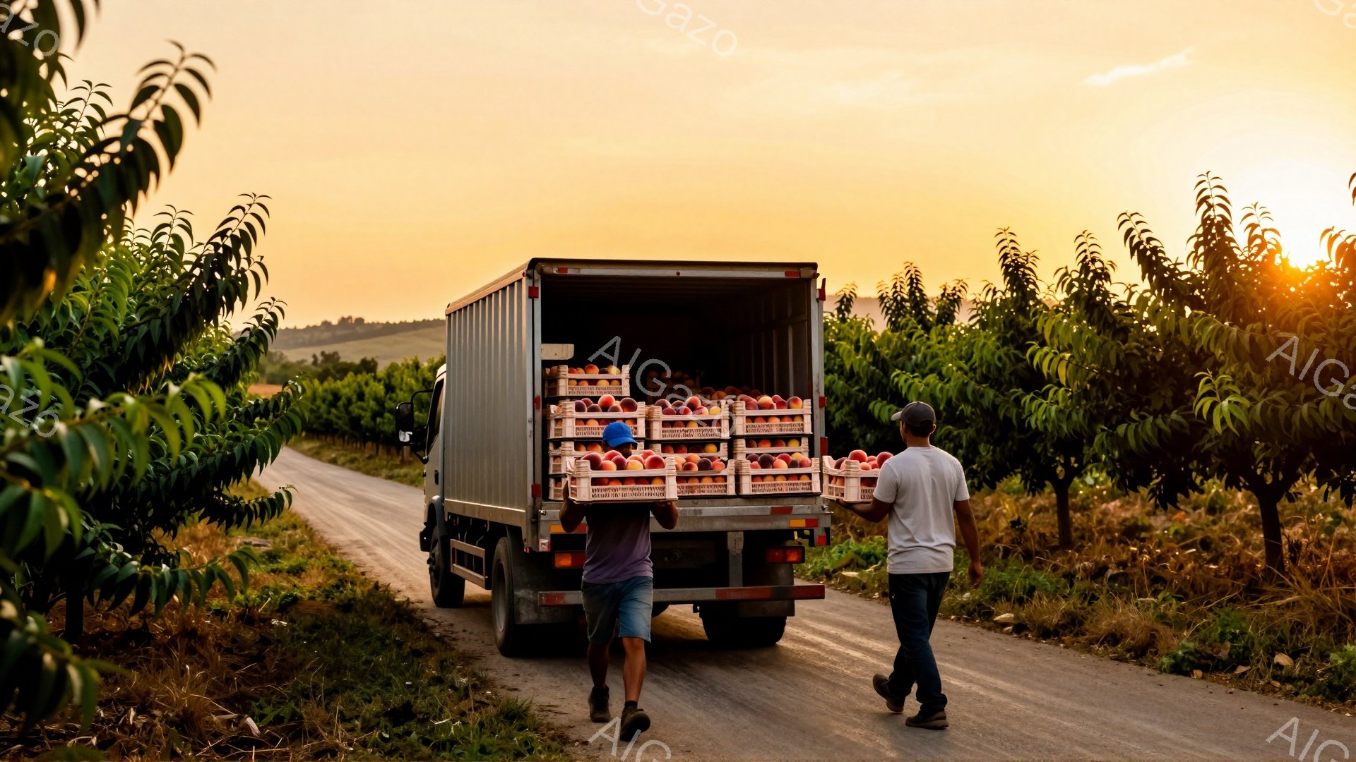 桃の収穫の様子が写っている。二人の男性がトラックの荷台に積み込まれた桃の段ボール箱を運び、桃園の道を進んでいる。夕焼けの光が差し込み、暖かく穏やかな雰囲気を醸し出している。