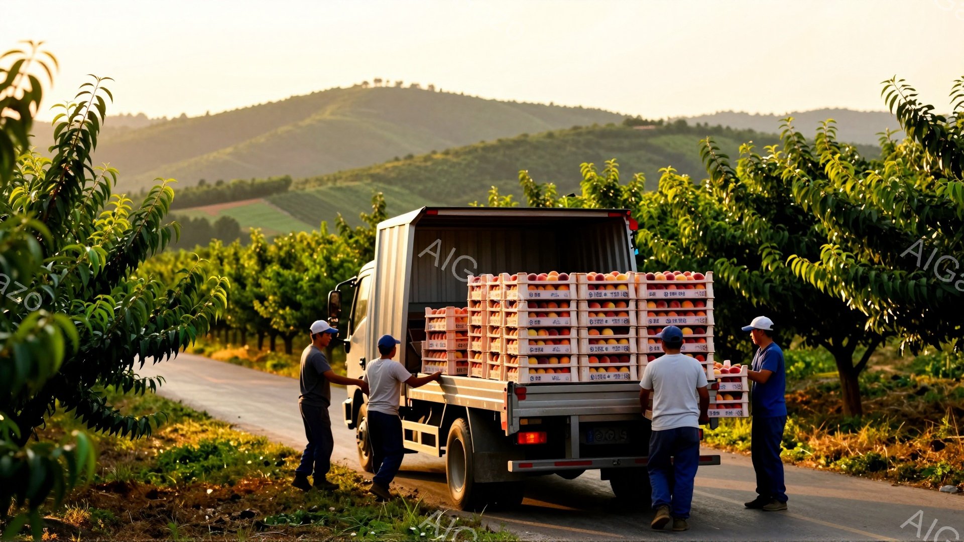 桃の収穫で、作業員たちがトラックに桃の箱を積み込んでいる様子が写っています。作業員たちは皆、青いオーバーオールと帽子を着用し、日焼けした肌を見せています。背景には緑豊かな桃の木々が広がり、遠くには穏やかな丘が見え、全体的に穏やかで労働的な雰囲気が漂っています。