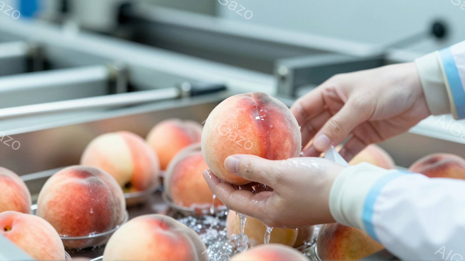 作業員が桃を手に持ち、水で洗い流している様子が写っている。桃は鮮やかな赤とオレンジの色をしており、表面には水滴が光っている。背景には、他の桃が並んだコンベアベルトと、ステンレス製の設備が見え、衛生的な食品加工の現場であることがわかる。