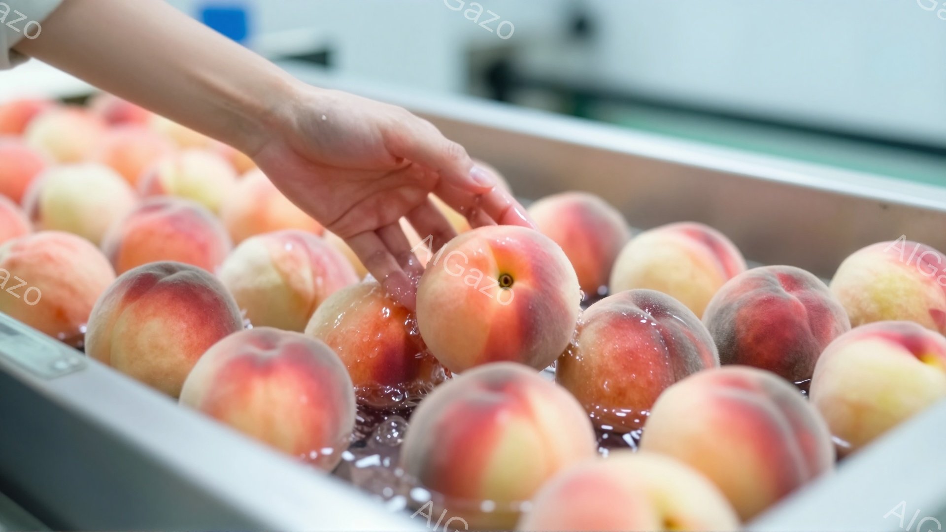 桃が水に浸された金属製の容器の中に並べられています。手は桃の一つに触れており、水滴が桃の表面に光っています。背景は明るく、桃の鮮やかなオレンジ色と桃の柔らかな色合いが際立っています。