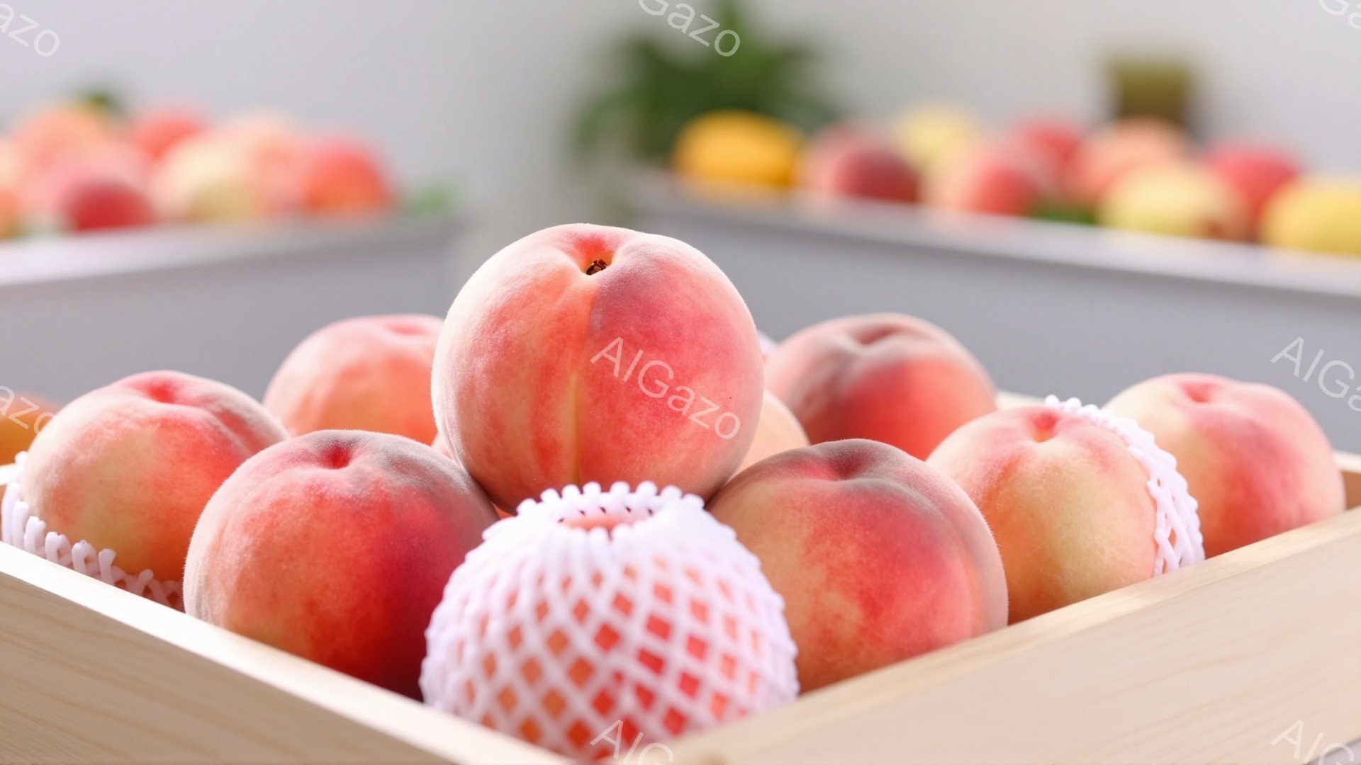 桃が木製の箱の中に並べられています。桃は赤と黄色のグラデーションで、表面はうっすらと毛羽立っており、新鮮さを感じさせます。一部の桃には白い発泡スチロールのネットが被せられており、保護されている様子が伺 - AI生成フリー素材