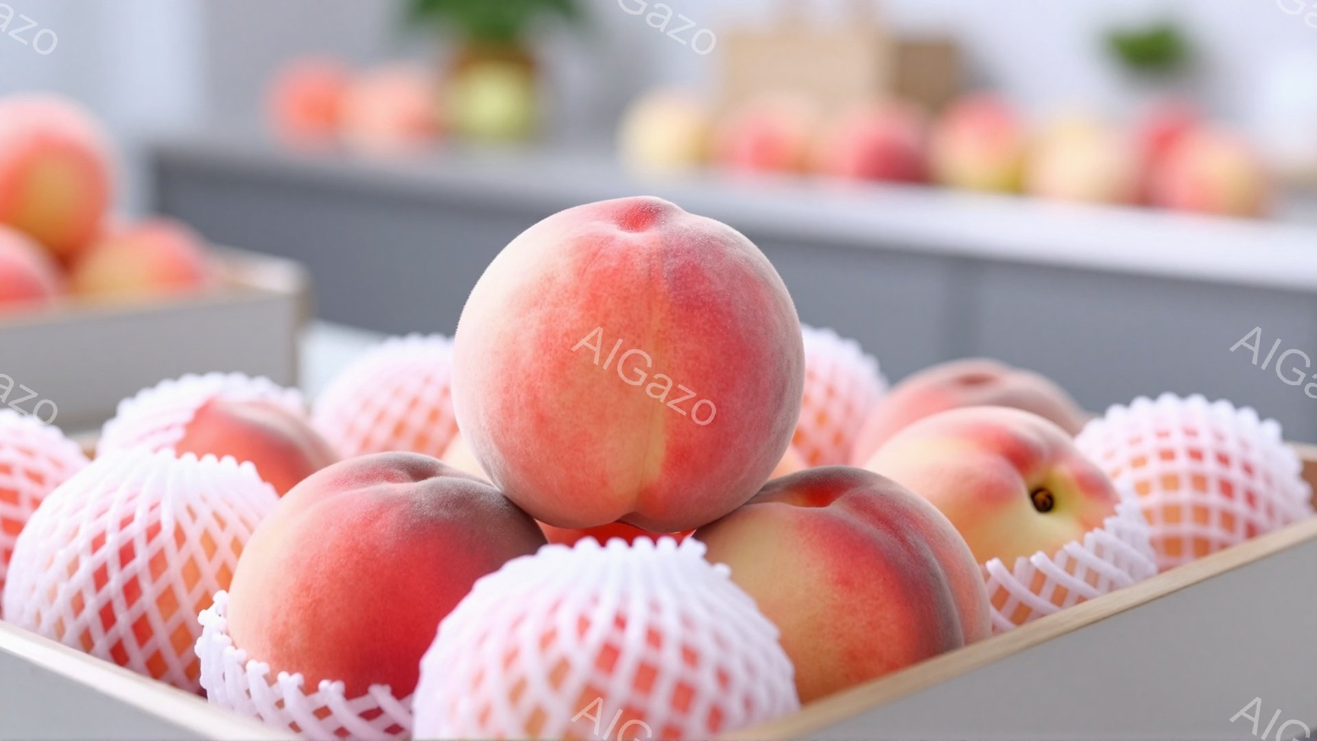 桃が白色のネット状の保護材で包まれ、箱にきれいに並べられています。桃は鮮やかな赤色と黄色が混ざり合い、みずみずしい様子が伺えます。背景には他の桃がぼやけて見え、全体的に豊かで実りのある雰囲気です。