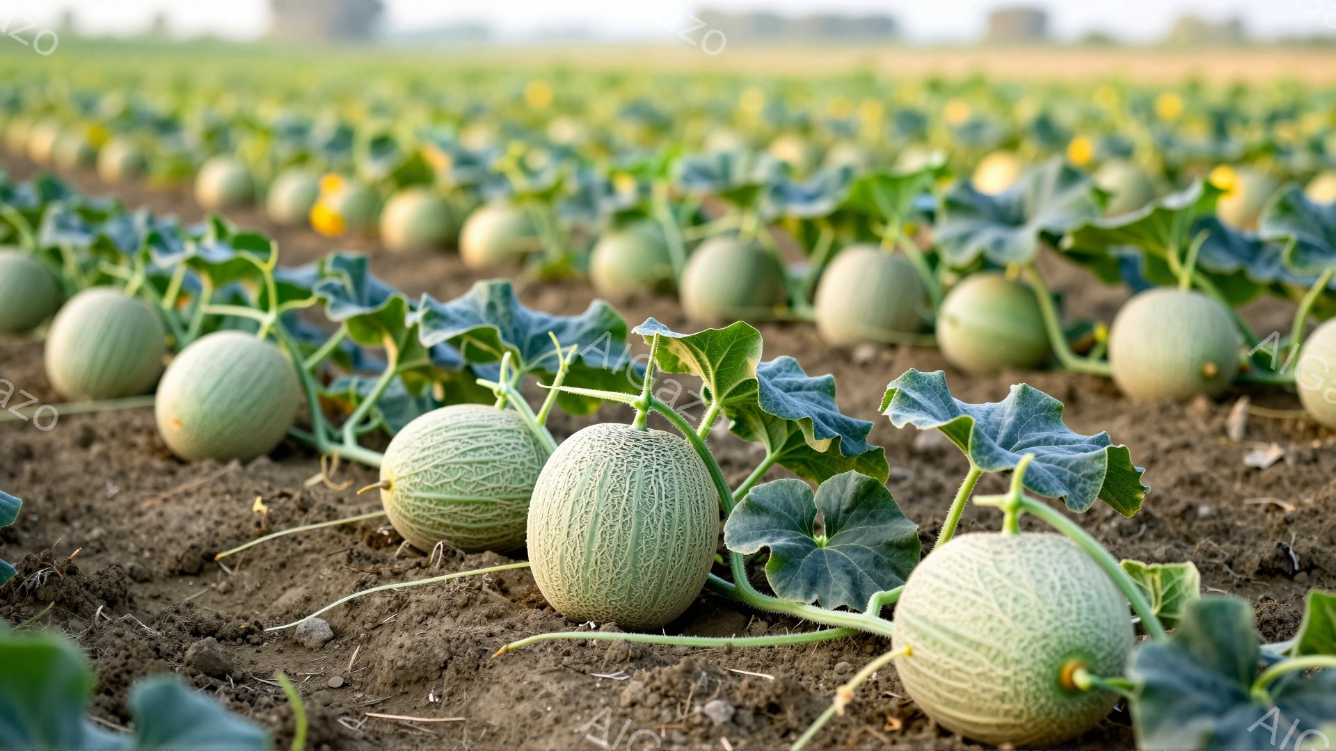 広大な畑にメロンが整然と並んでいます。未熟な緑色の果実は、葉に囲まれ、土壌の上に点在しています。背景には畑が広がり、穏やかで自然な雰囲気が漂っています。