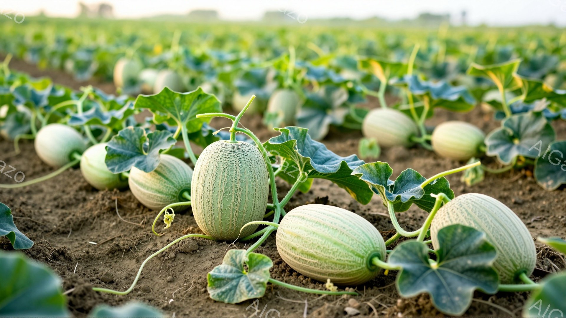 畑には、まだ緑色の未熟なメロンが密集して並んでいます。土壌は茶色で、メロンの葉は鮮やかな緑色で、密集して地面を覆っています。背景には広大な畑が広がり、穏やかな日差しが降り注いでおり、穏やかで自然な雰囲気を醸し出しています。