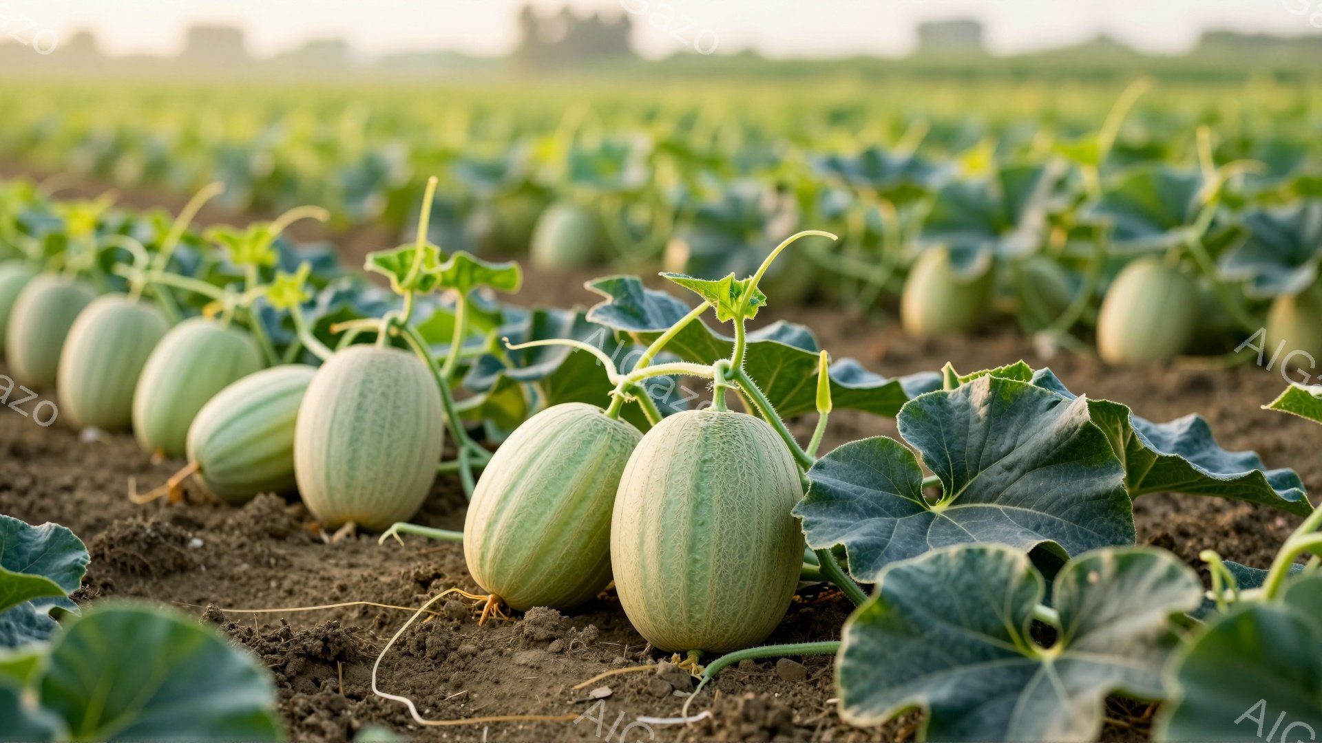 畑には緑色のメロンが整然と並び、大きな葉がその周りを覆っています。土は茶色で乾燥しており、背景にはメロン畑が広がり、遠くにはぼんやりとした建物が見えます。全体的に、穏やかで牧歌的な雰囲気で、収穫を待つメロンの生命力と自然の豊かさが感じられます。