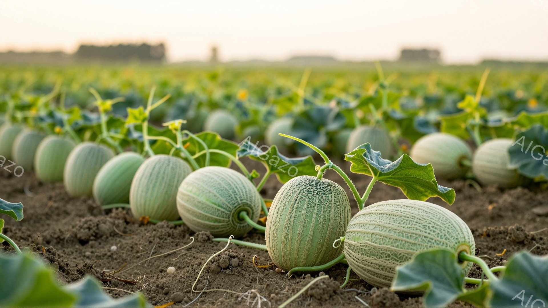 畑には緑色のメロンが整然と並んでおり、葉や蔓が地面を覆っています。背景は薄い茶色の土と遠くに見える木々で、穏やかで田園的な雰囲気が漂っています。全体的に、太陽の光が柔らかく降り注ぎ、作物の豊かさを表現しています。