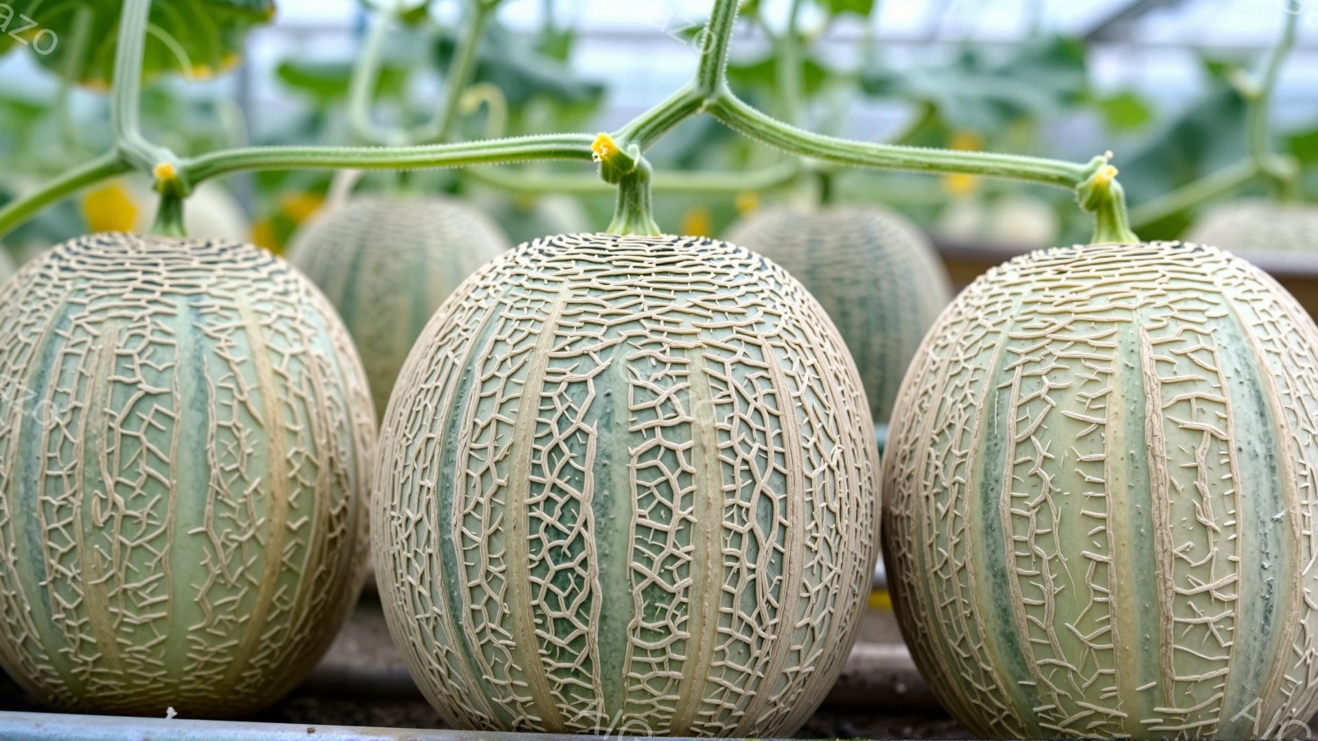 画像には、つるにぶら下がった網目の模様のメロンが三つ並んでいる様子が写っている。メロンは緑色と淡い黄色の縞模様で、表面には細かい網目が刻まれており、新鮮でみずみずしい印象を与える。背景には他のメロンの葉やつるが見え、温室または畑で栽培されていることが窺える。