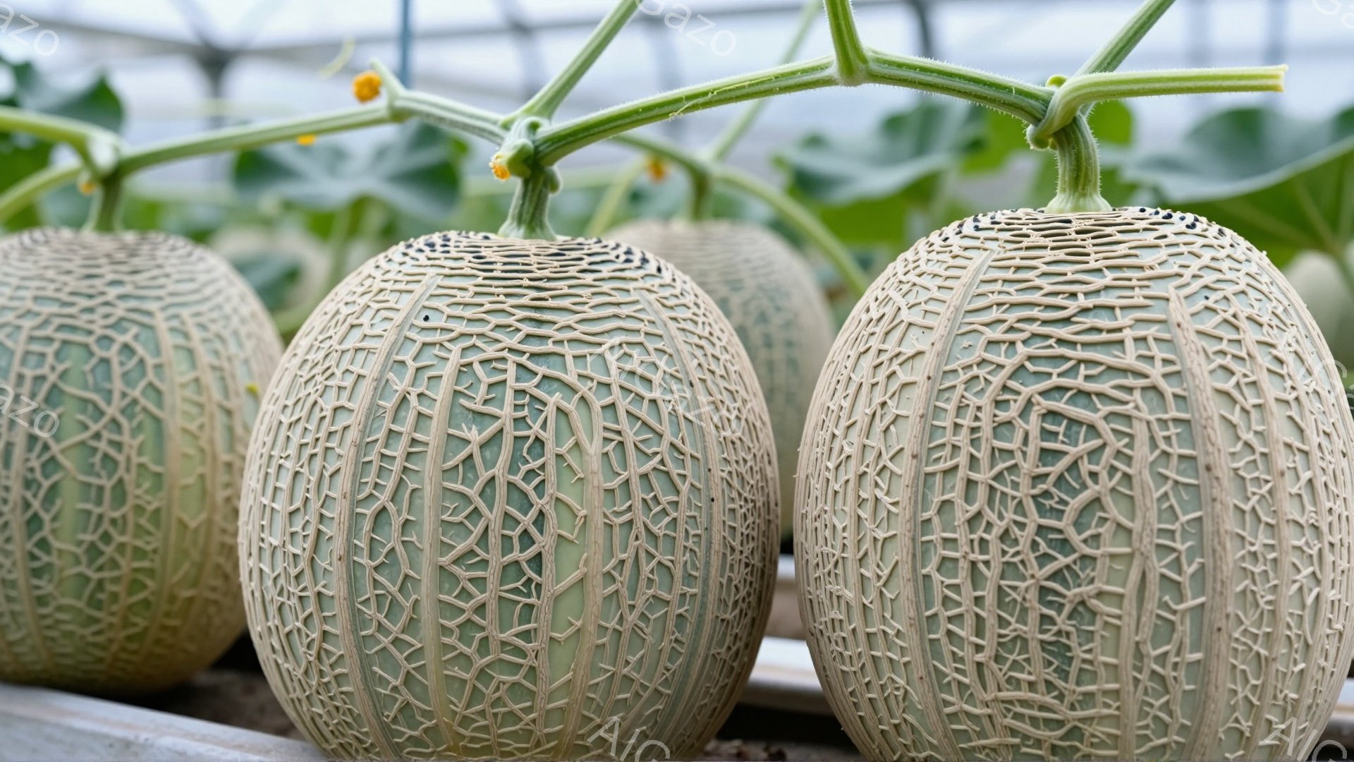 画像には、つるにぶら下がった三つのメロンが写っています。メロンは独特の網目状の模様を持ち、まだ緑色で未熟な状態です。背景には、他のメロンのつるや葉っぱが見え、温室の中である事がうかがえます。
